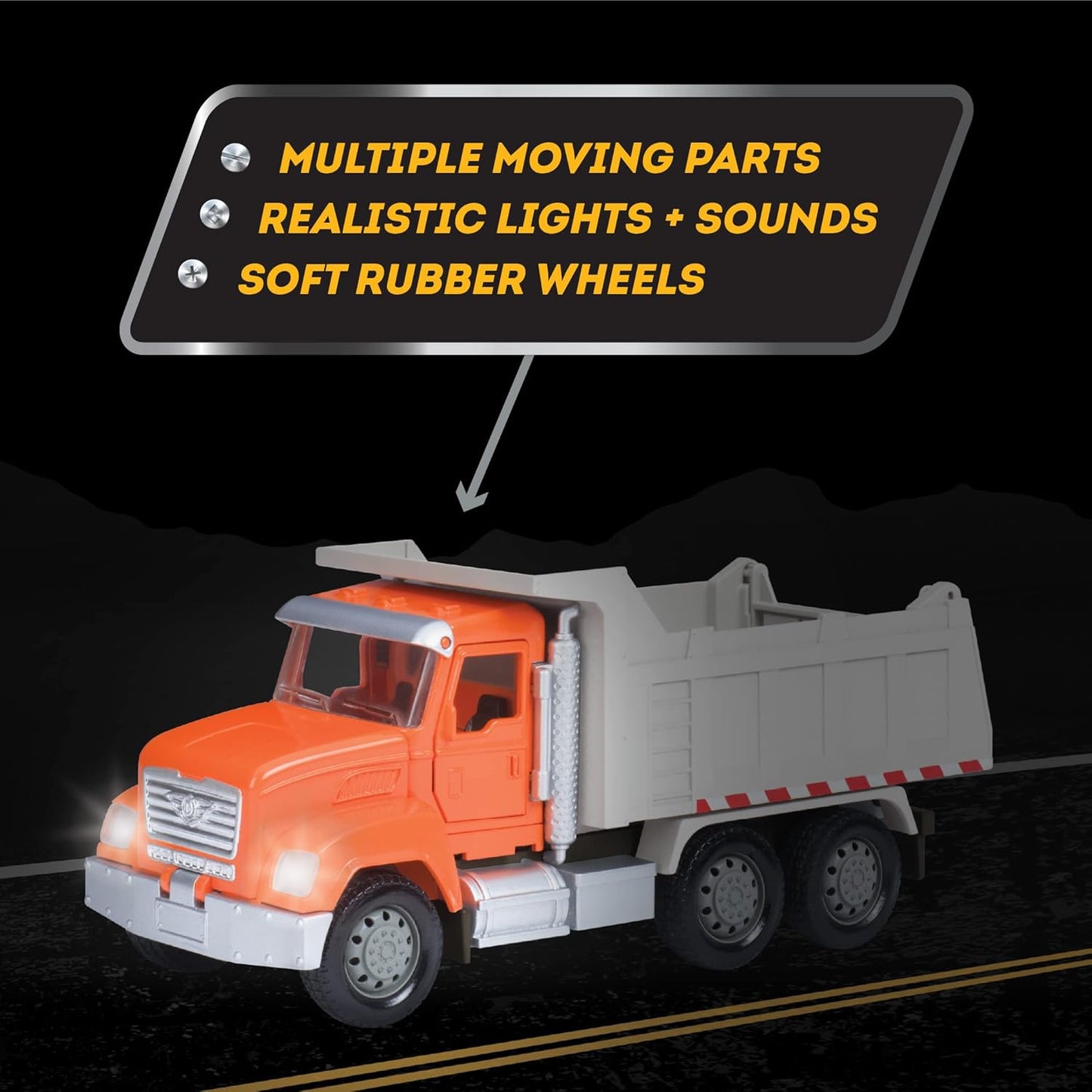 B. Driven by Battat – Camión volquete de Juguete para niños – Vehículo de construcción de Juguete – Luces y Sonidos – Piezas móviles – 3 años + – Micro Volqueta