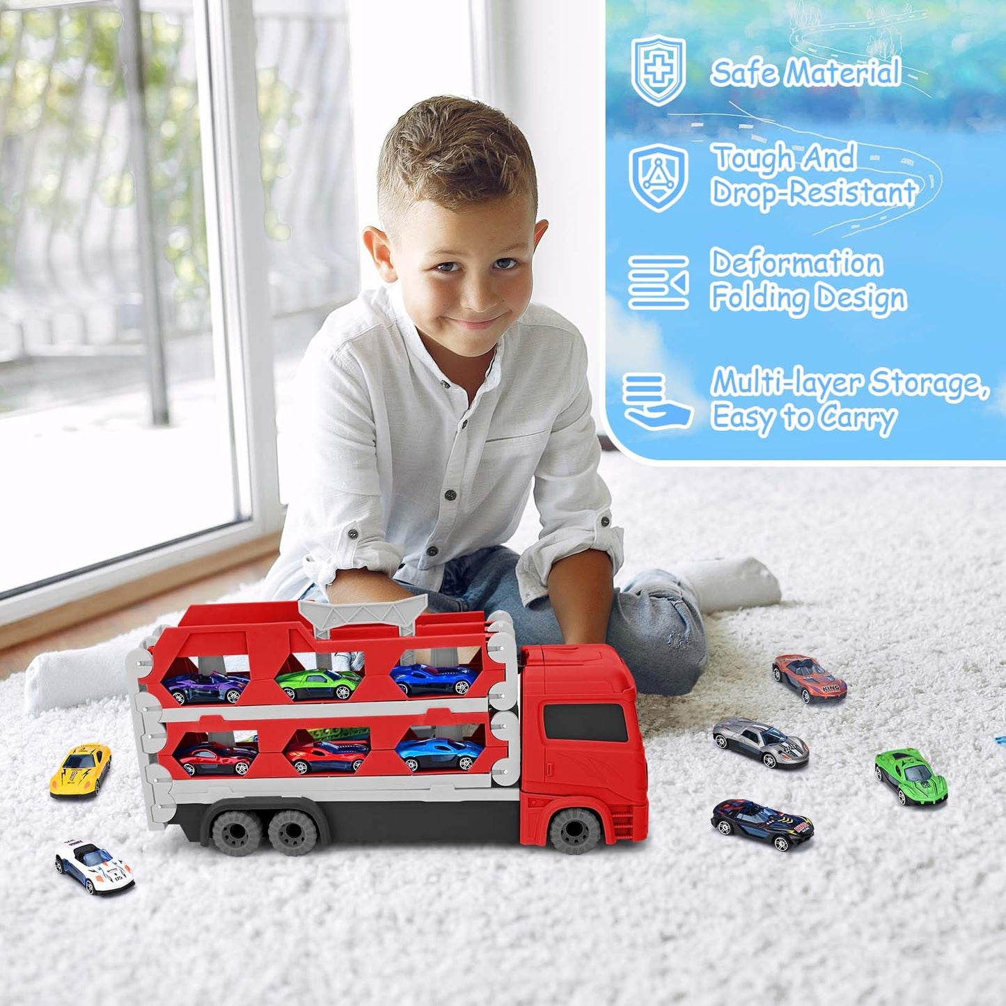 Xoolkly Camiones de Juguete Eyección Pista de Carreras Camión Juguetes Portátil Camión de Transporte Juguetes Niños 3 Años con 12 Mini Vehículos Coches Juguete para Niños 3 4 5 Años, Roja