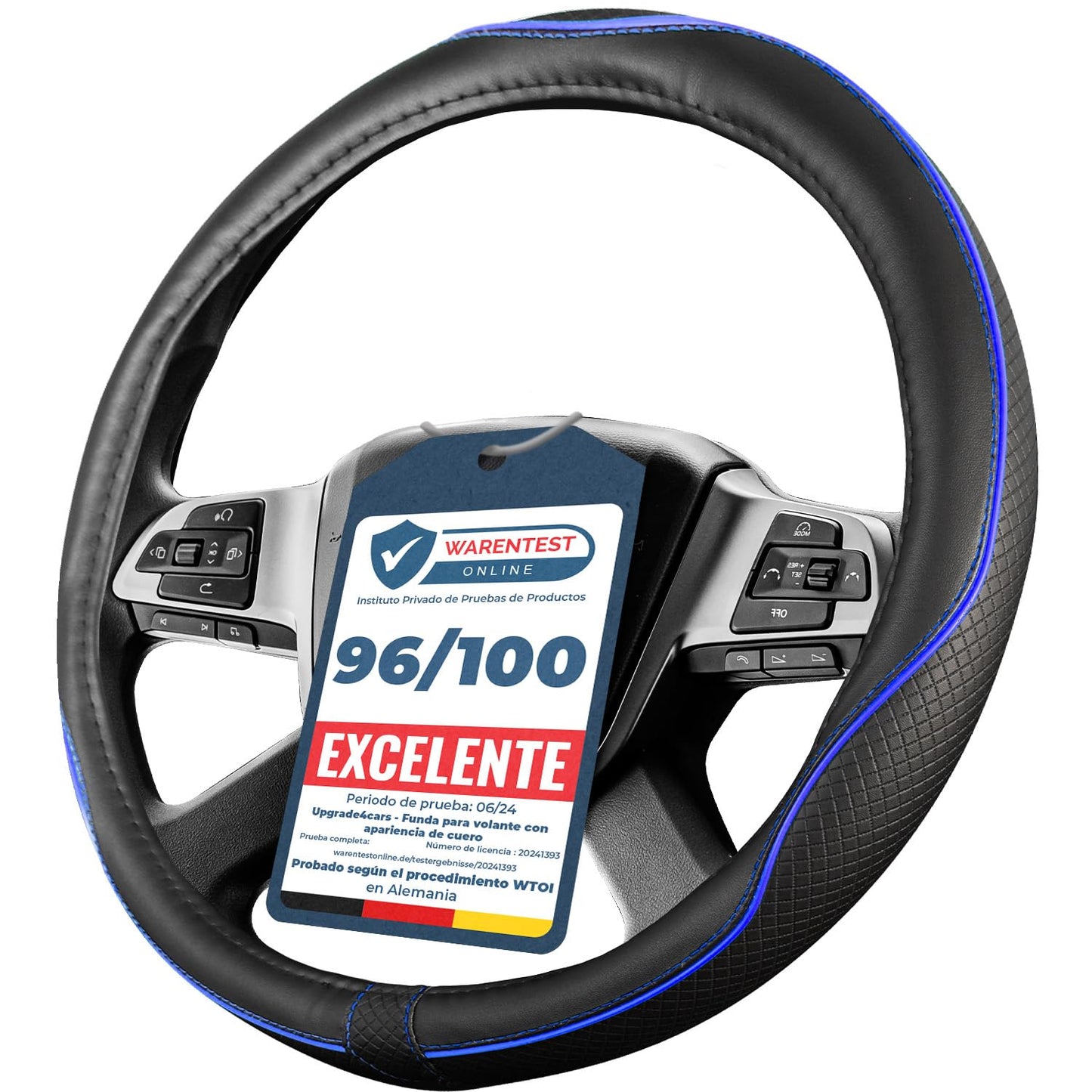 Upgrade4cars Funda Volante Coche Azul Negro Universal Poli-Piel | Cubre 37-38 cm Diámetro Exterior | Accesorios Coches Interior Decoracion Cubierta | Ideas Regalos