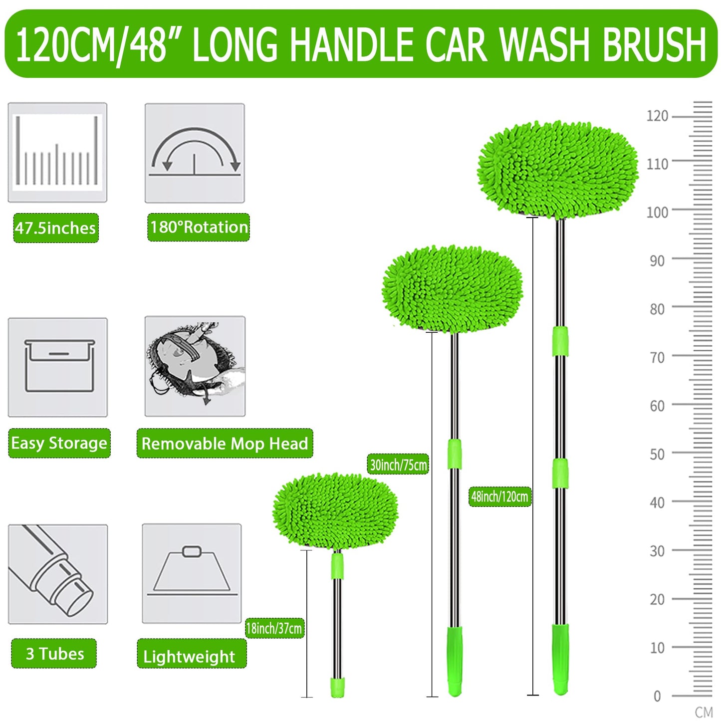 47.5" Cepillo Lavar Coche con Mango Brocha Kit Limpieza Autocaravana Automoviles Vehículos Camiones Camper 2 en 1 Chenille Microfibra Car Wash Brush Accesorios Carro No Dañar Pintura Libre Arañazos