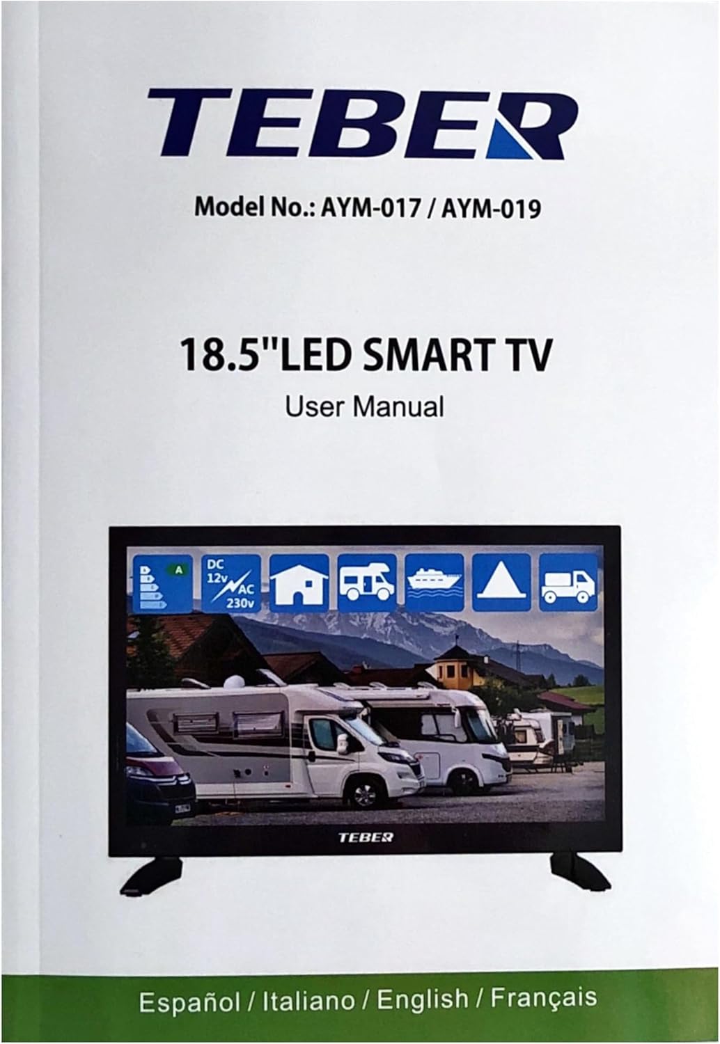 TEBER. Smart TV de 18,5 Pulgadas - 12v/24v/230v - Android 11 - Full HD. Gran resolución 1920x1080. DVB-S2/C/T2/T. para autocaravanas, cocinas, dormitorios, Campers, Barcos, Camiones (19").
