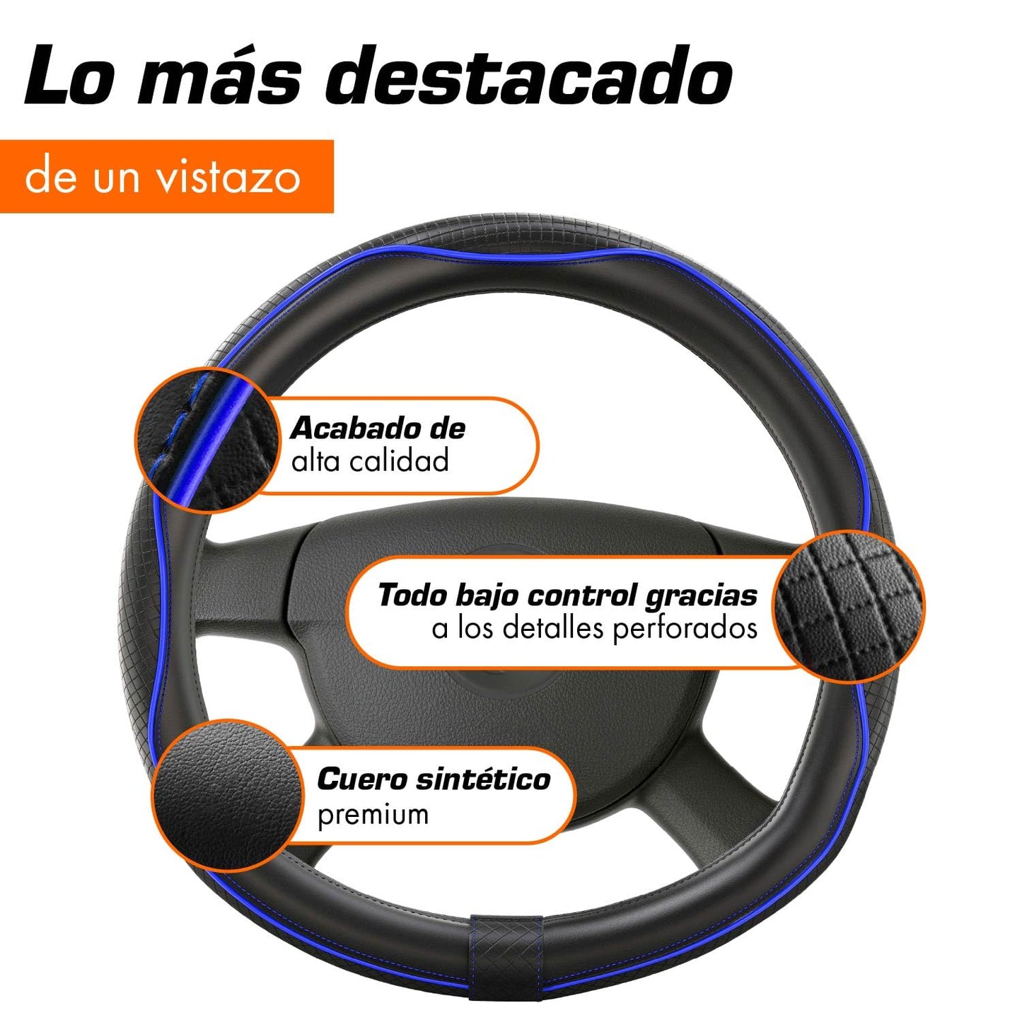 Upgrade4cars Funda Volante Coche Azul Negro Universal Poli-Piel | Cubre 37-38 cm Diámetro Exterior | Accesorios Coches Interior Decoracion Cubierta | Ideas Regalos