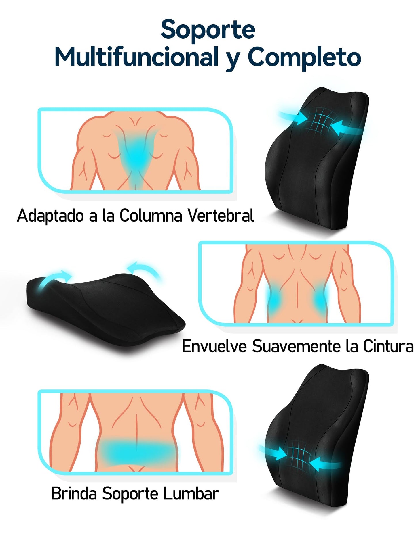 Travel Ease Cojín de Soporte Lumbar Ergonómico, Respaldo de Espuma Viscoelástica para Asiento de Automóvil, Silla de Oficina, Respaldo con Cubierta Antiestática y Correas Ajustables Dobles, Negro