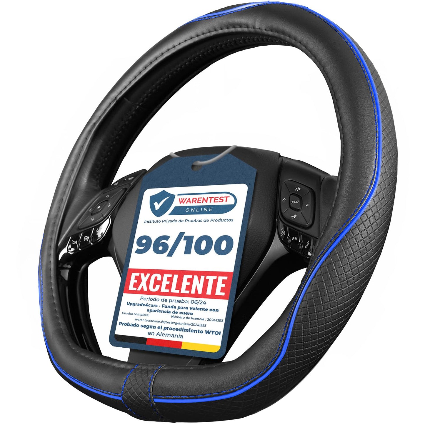 Upgrade4cars Funda Volante Coche Azul Negro Universal Poli-Piel | Cubre 37-38 cm Diámetro Exterior | Accesorios Coches Interior Decoracion Cubierta | Ideas Regalos