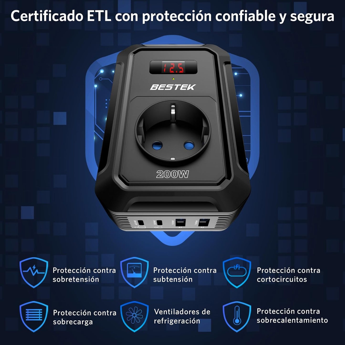 BESTEK Inversor 12v 220v Onda Pura 200W,Transformador 12V a 220V Convertidor Onda con 2 AC Tomas Y 2 USB-C (65 W y 30 W) 2 USB-QC (18 W) sinusoidal con Protección para Barco,Caravana,Coche（Negro）