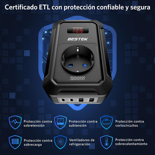 BESTEK Inversor 12v 220v Onda Pura 200W,Transformador 12V a 220V Convertidor Onda con 2 AC Tomas Y 2 USB-C (65 W y 30 W) 2 USB-QC (18 W) sinusoidal con Protección para Barco,Caravana,Coche（Negro）