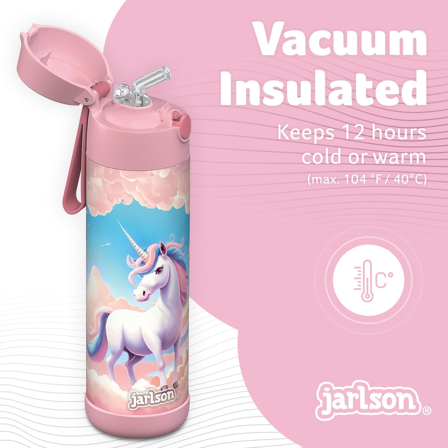 Jarlson®, Botella térmica de acero inoxidable, para niños, libre de BPA, botella para bebidas con pajilla, termo de 500 ml (Camión de bomberos rojo, 500 ml)