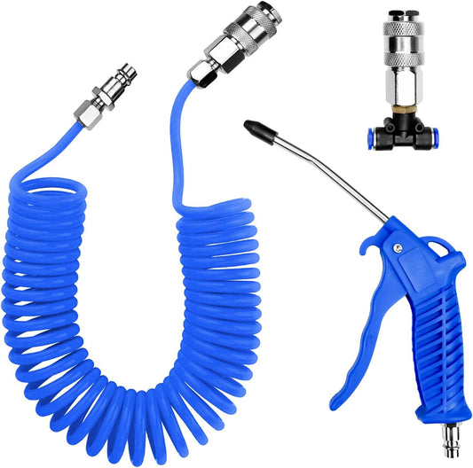 WinGluge Pistola de Aire Comprimido, Pistola de Aire para Camiones con 5m Manguera Aire Comprimido y Conector en T, Pistola de Aire Soplado Kit de limpieza, para Camión, Camión y Coche(Azul)