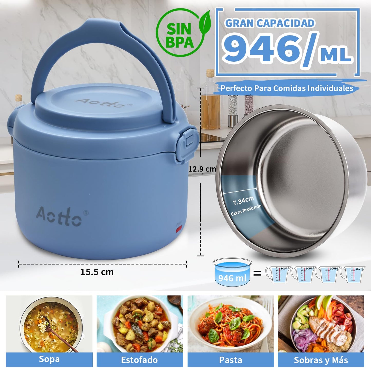 Aotto Fiambrera Eléctrica, 80W Taper Electrico para Comida, 950ml Fiambrera Termica para Adultos, 12V/24V/220V Fiambreras Comida Trabajo para Trabajo, Viajes, Coche, Camión, Casa, Oficina (Azul)