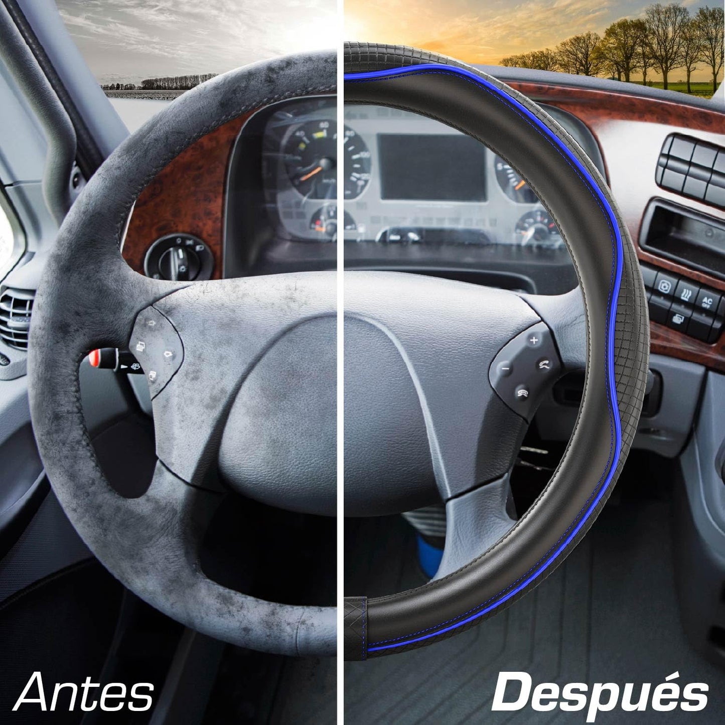 Upgrade4cars Funda Volante Coche Azul Negro Universal Poli-Piel | Cubre 37-38 cm Diámetro Exterior | Accesorios Coches Interior Decoracion Cubierta | Ideas Regalos