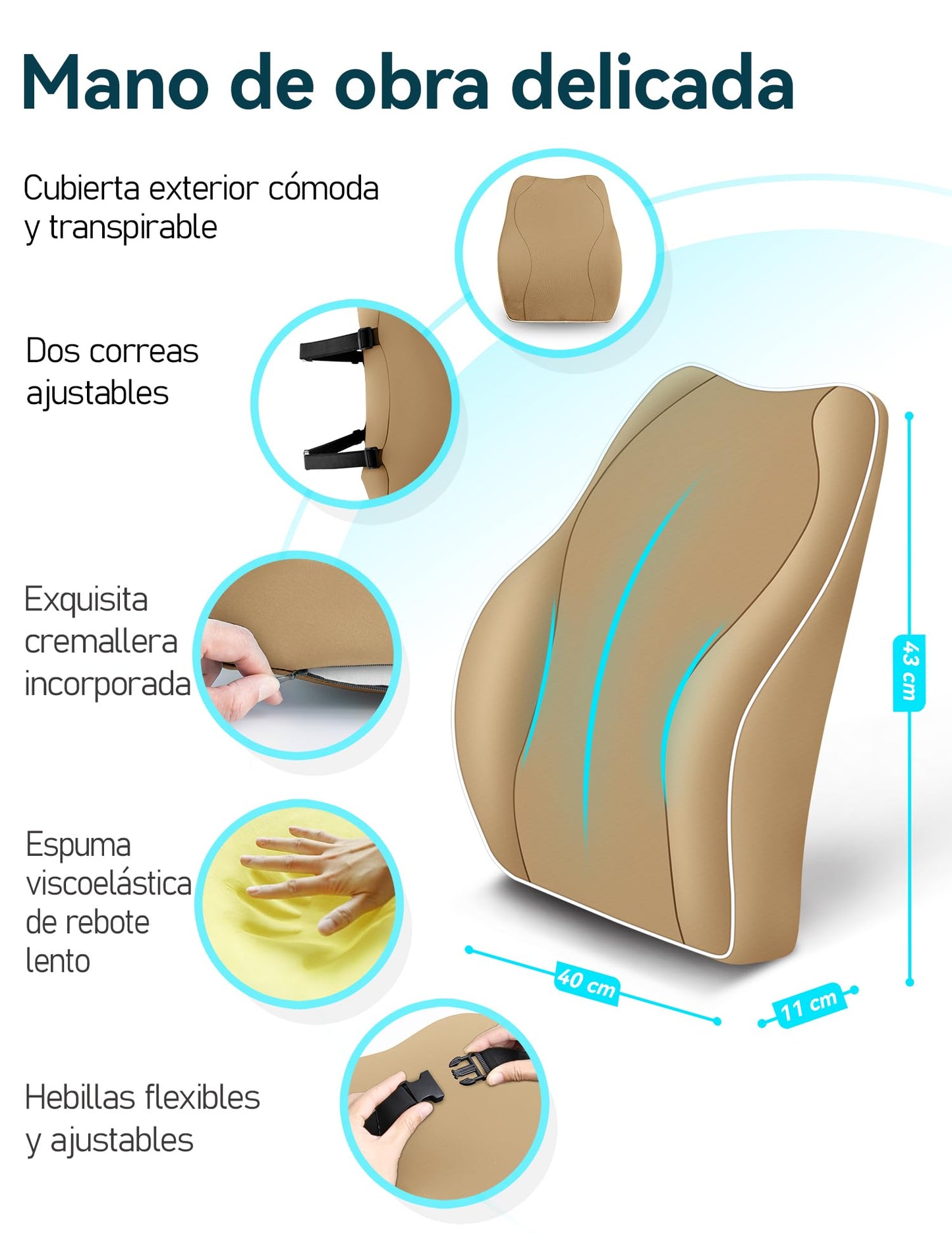 Travel Ease Cojín de Soporte Lumbar Ergonómico, Respaldo de Espuma Viscoelástica para Asiento de Automóvil, Silla de Oficina, Respaldo con Cubierta Antiestática y Correas Ajustables Dobles, Negro