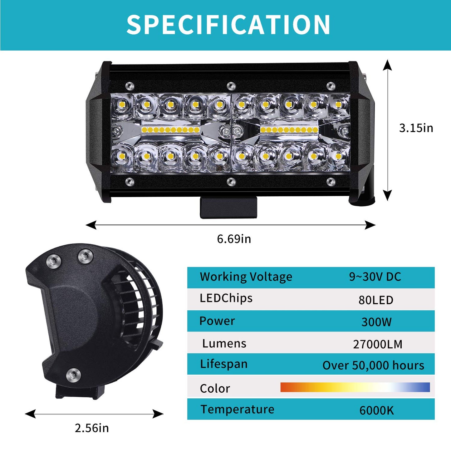 Kraumi Faro Trabajo LED de Coche 12V 7’’ 300W Faros Led 27,000LM 6000K IP67 Impermeable Off-road Foco para Moto ATV SUV Tractor Camión Barco