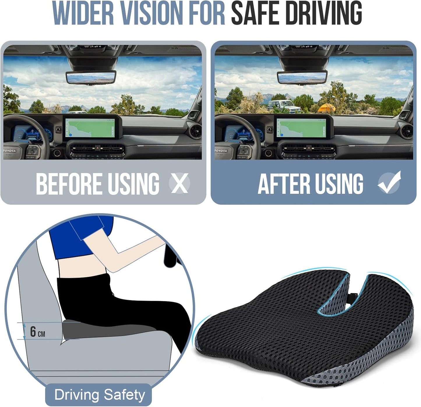 Ajiteogy Seat Cushion for Car Driver – Ergonomic Adult Booster with Memory Foam and Straps – Compatible with Car, Office, Trucks