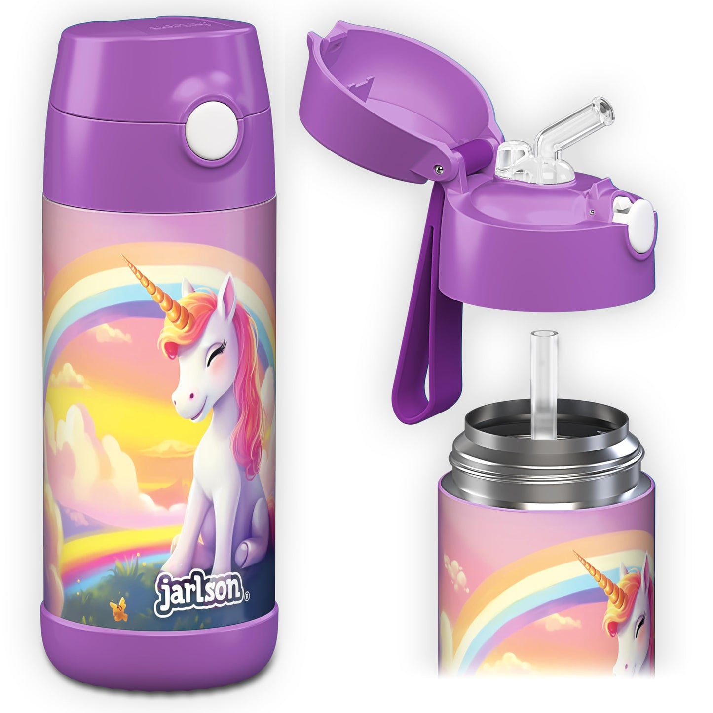 Jarlson®, Botella térmica de acero inoxidable, para niños, libre de BPA, botella para bebidas con pajilla, termo de 500 ml (Camión de bomberos rojo, 500 ml)