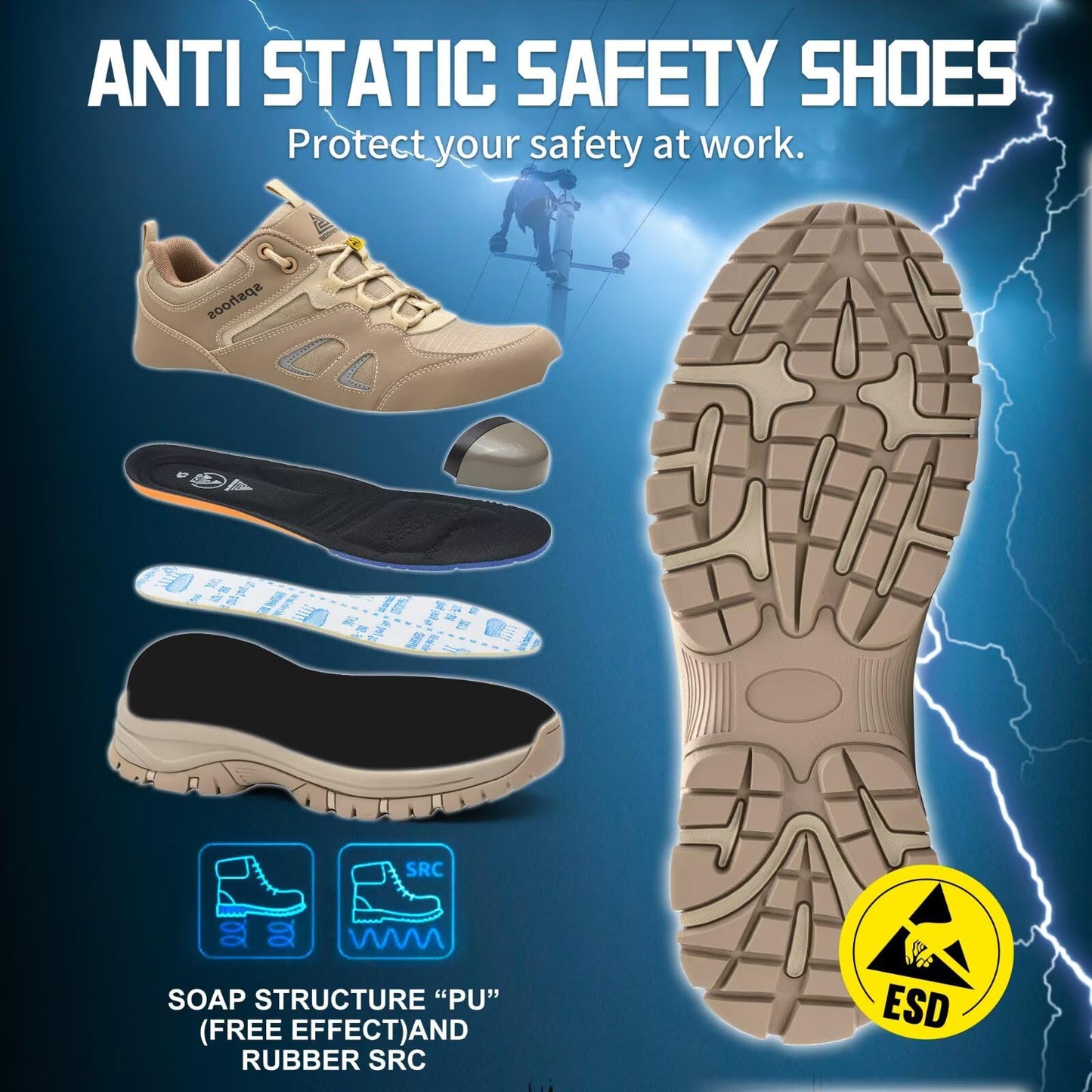 Zapatos de Seguridad para Hombre Mujer S1P ESD Zapatillas Trabajo Comodos Calzado de Seguridad Ligero con Punta de Acero