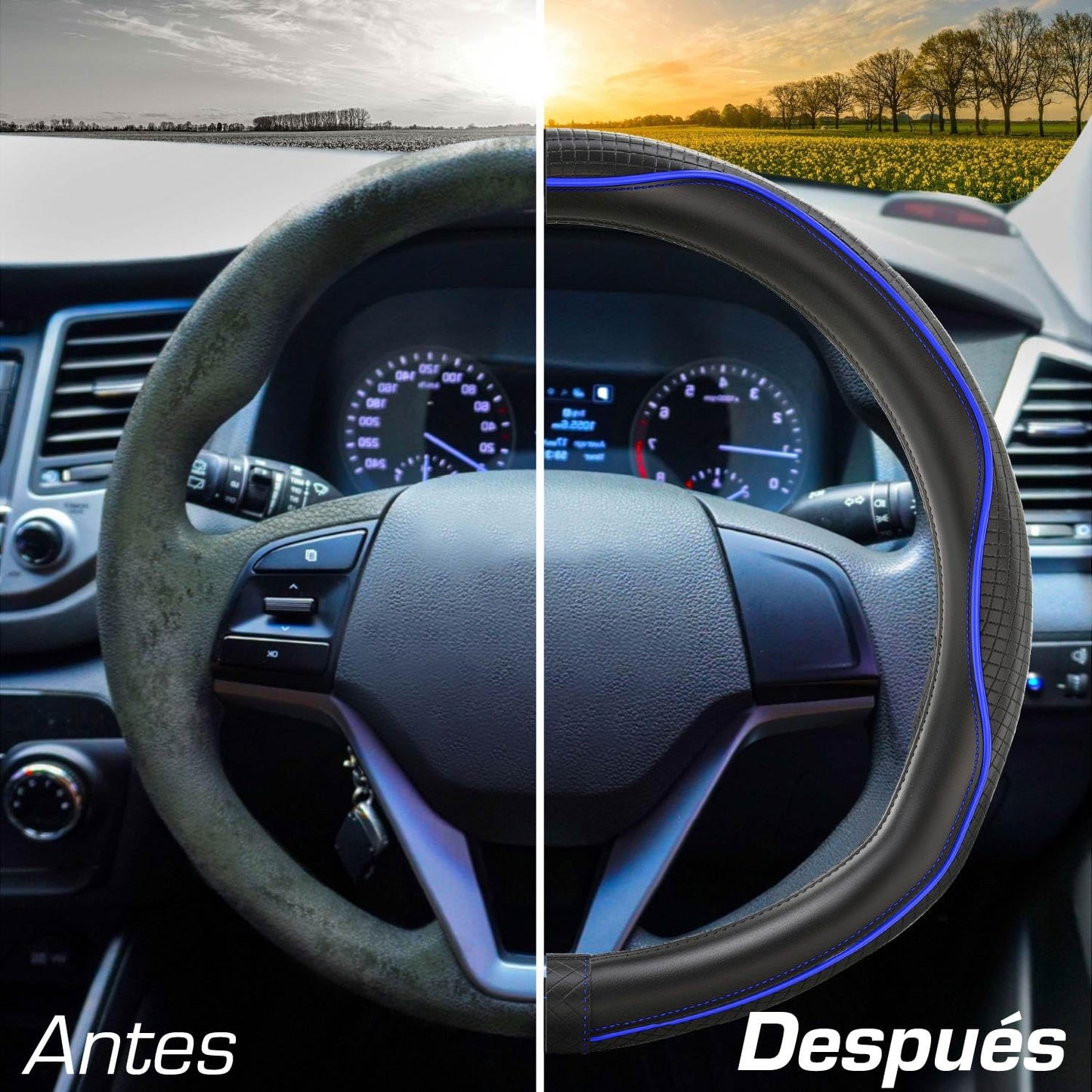 Upgrade4cars Funda Volante Coche Azul Negro Universal Poli-Piel | Cubre 37-38 cm Diámetro Exterior | Accesorios Coches Interior Decoracion Cubierta | Ideas Regalos