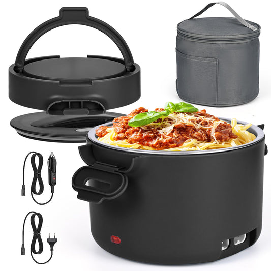 100W Fiambrera Eléctrica Calentador de Comida Portatil 12V/24V/220V Calentador Comida para Coche Camión Trabajo 1LFiambrera Lonchera Termica Termo Comida Caliente Acero Inoxidable (Negro)