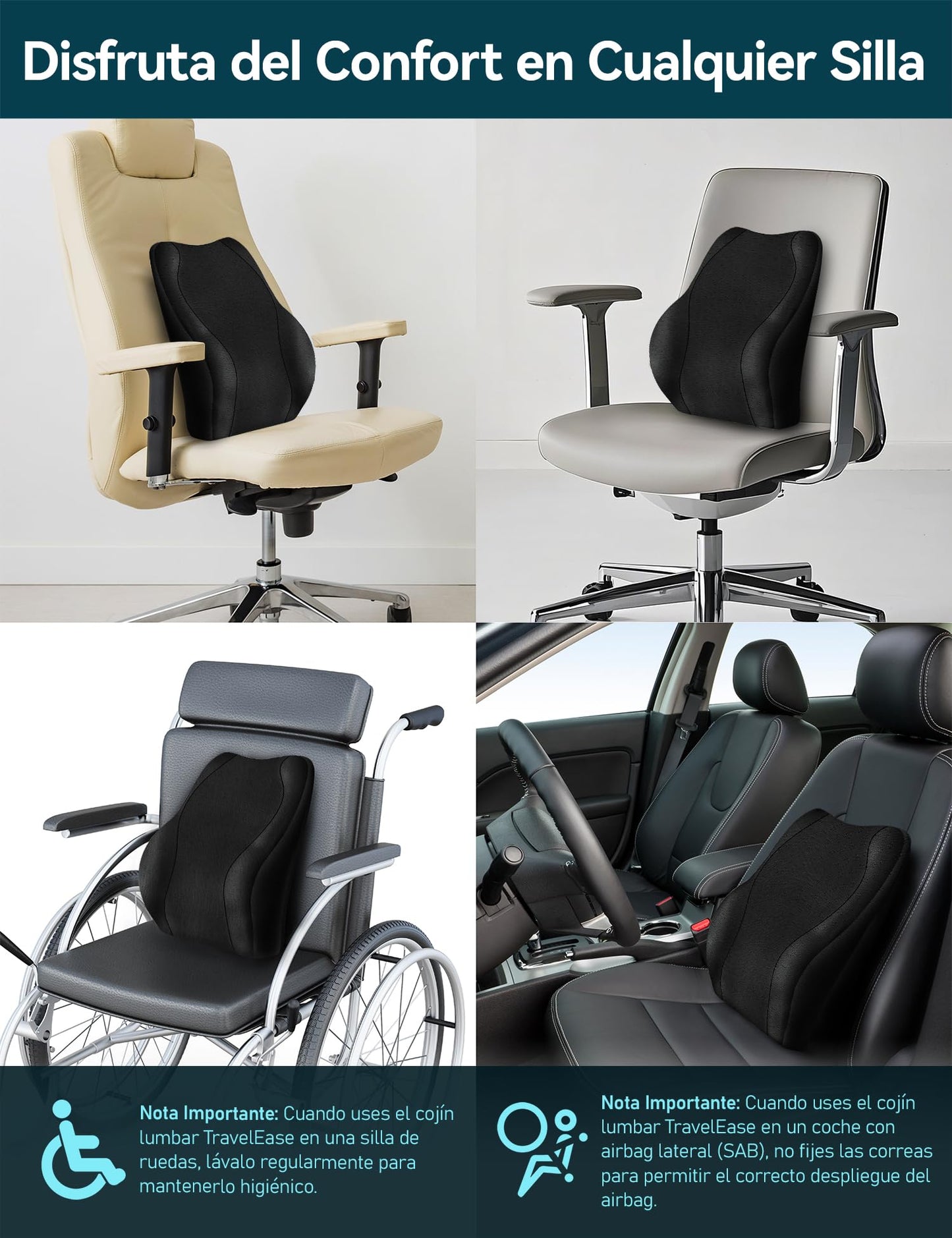 Travel Ease Cojín de Soporte Lumbar Ergonómico, Respaldo de Espuma Viscoelástica para Asiento de Automóvil, Silla de Oficina, Respaldo con Cubierta Antiestática y Correas Ajustables Dobles, Negro