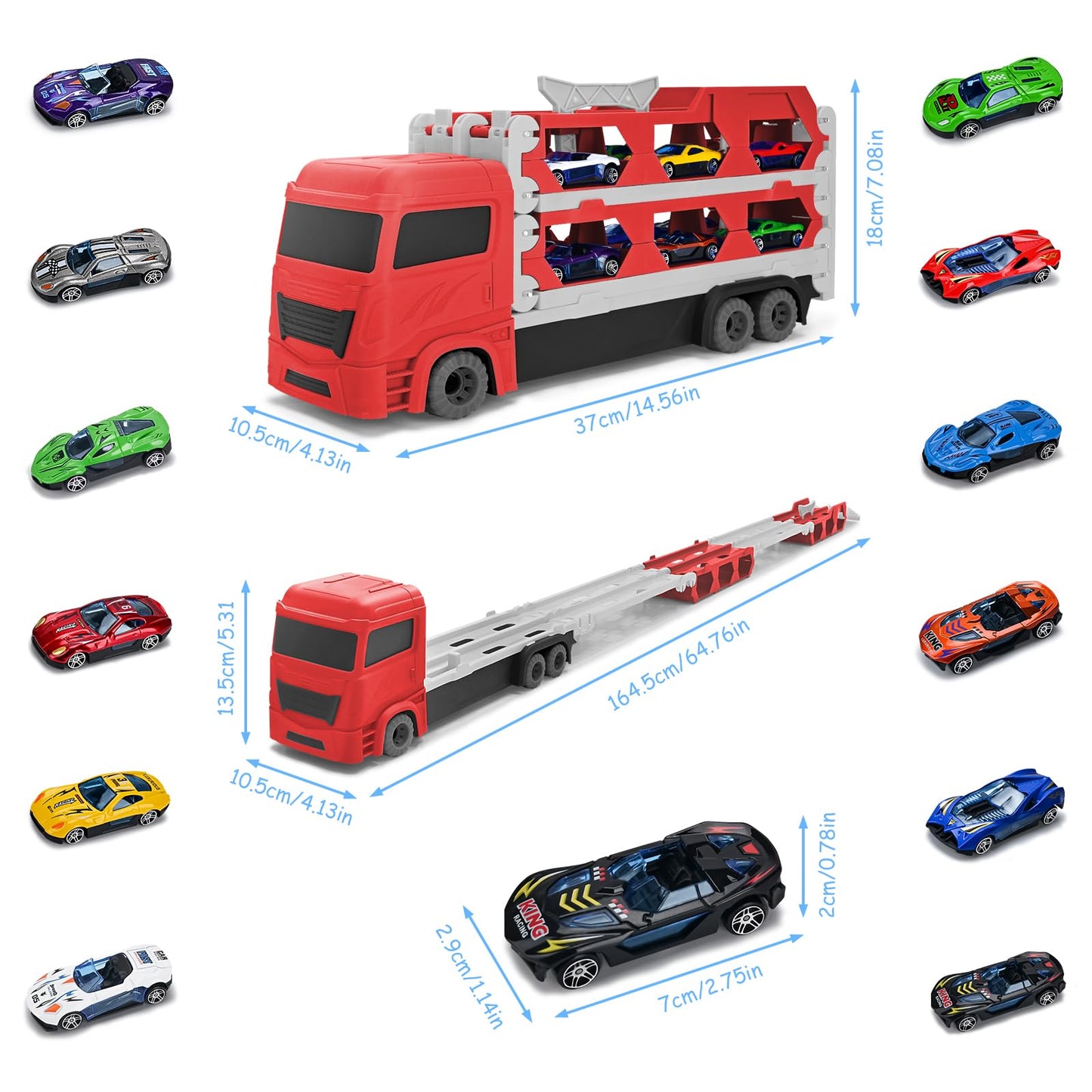 Xoolkly Camiones de Juguete Eyección Pista de Carreras Camión Juguetes Portátil Camión de Transporte Juguetes Niños 3 Años con 12 Mini Vehículos Coches Juguete para Niños 3 4 5 Años, Roja