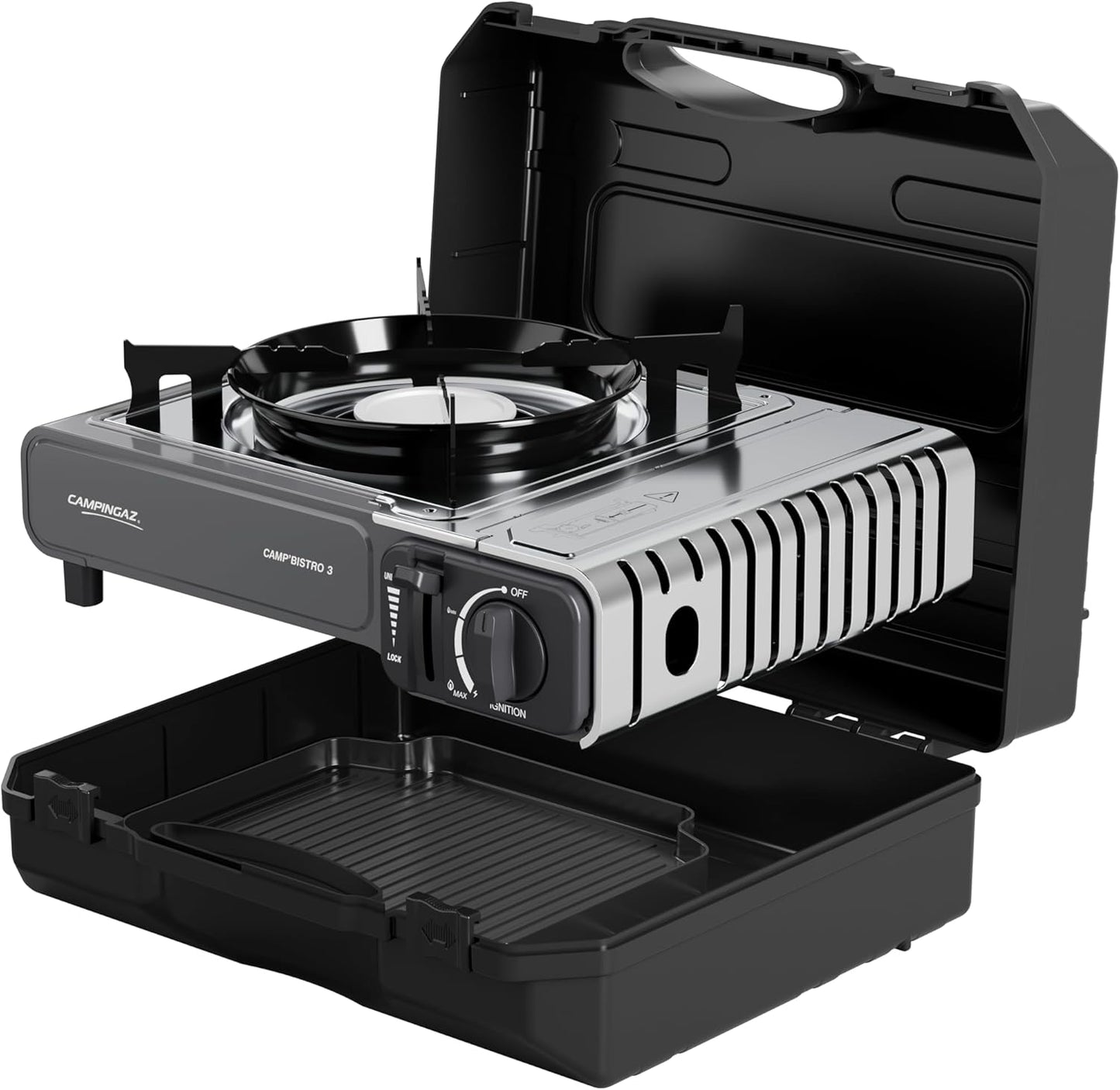 Campingaz Camp Bistro 3 Combo Hornillo y Plancha | Hornillo Camping de 1 Quemador | 2200 vatios | Cocina portátil compacta para Exteriores | Incluye Estuche de Transporte para facilitar su Transporte