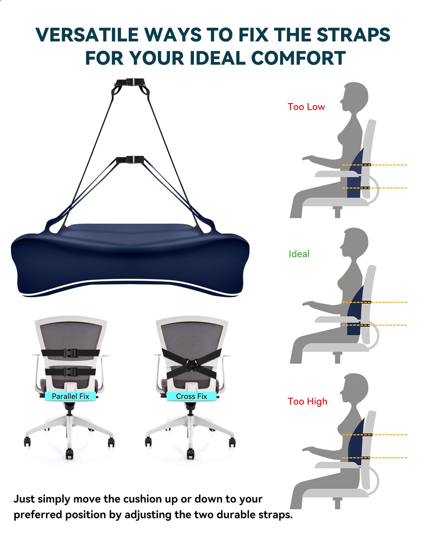 Travel Ease Cojín de Soporte Lumbar Ergonómico, Respaldo de Espuma Viscoelástica para Asiento de Automóvil, Silla de Oficina, Respaldo con Cubierta Antiestática y Correas Ajustables Dobles, Negro