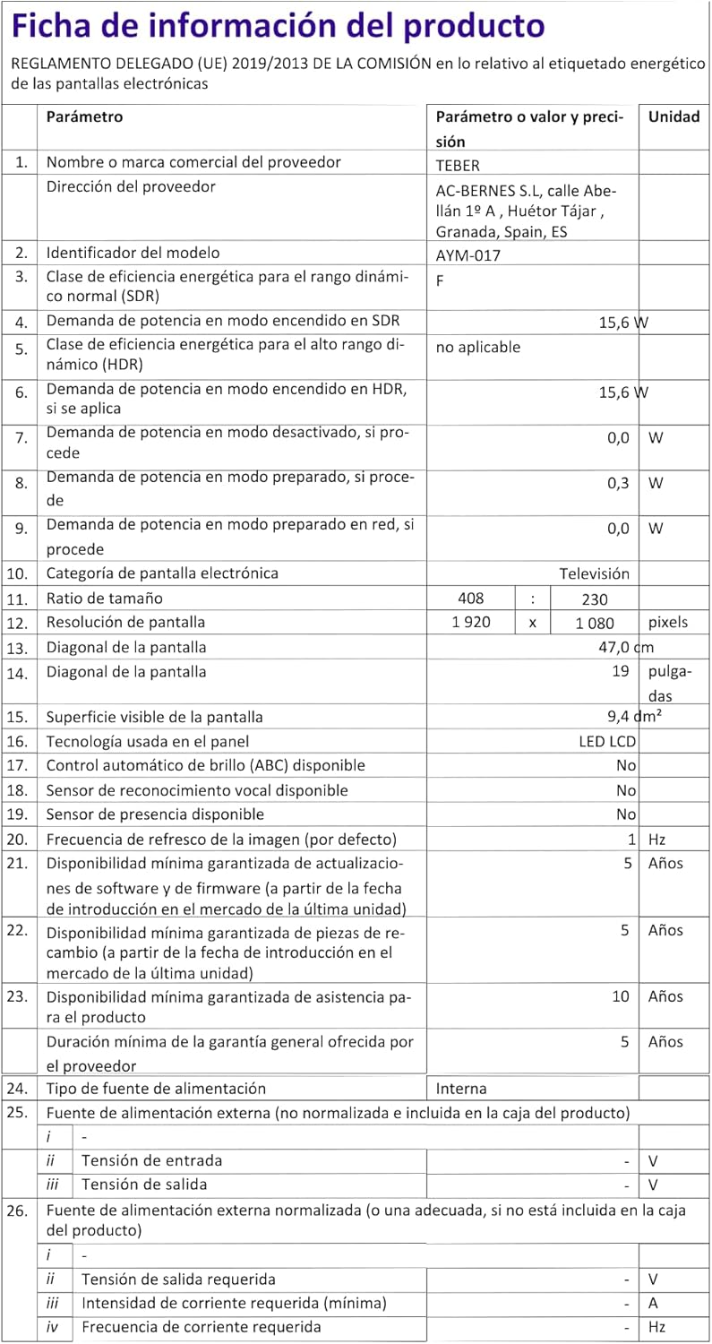 TEBER. Smart TV de 18,5 Pulgadas - 12v/24v/230v - Android 11 - Full HD. Gran resolución 1920x1080. DVB-S2/C/T2/T. para autocaravanas, cocinas, dormitorios, Campers, Barcos, Camiones (19").