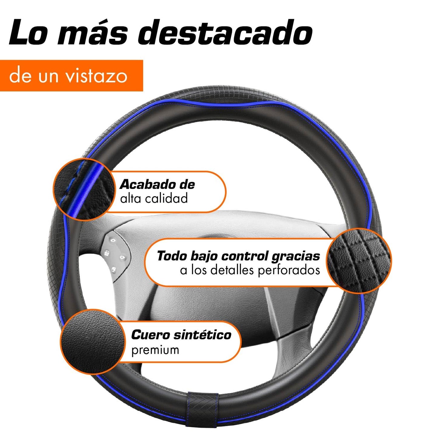 Upgrade4cars Funda Volante Coche Azul Negro Universal Poli-Piel | Cubre 37-38 cm Diámetro Exterior | Accesorios Coches Interior Decoracion Cubierta | Ideas Regalos