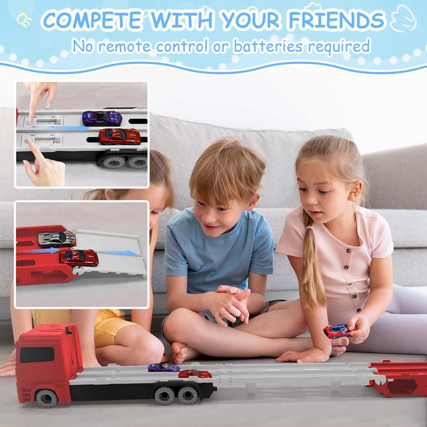 Xoolkly Camiones de Juguete Eyección Pista de Carreras Camión Juguetes Portátil Camión de Transporte Juguetes Niños 3 Años con 12 Mini Vehículos Coches Juguete para Niños 3 4 5 Años, Roja