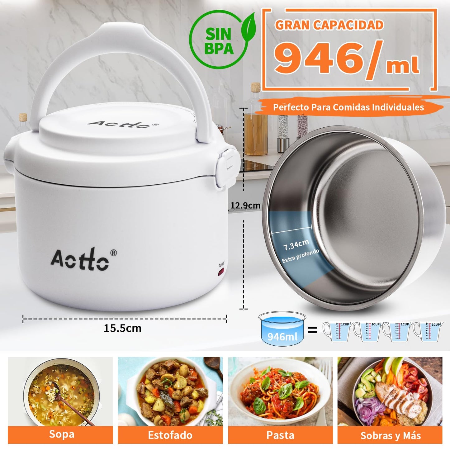 Aotto Fiambrera Eléctrica, 80W Taper Electrico para Comida, 950ml Fiambrera Termica para Adultos, 12V/24V/220V Fiambreras Comida Trabajo para Trabajo, Viajes, Coche, Camión, Casa, Oficina (Azul)
