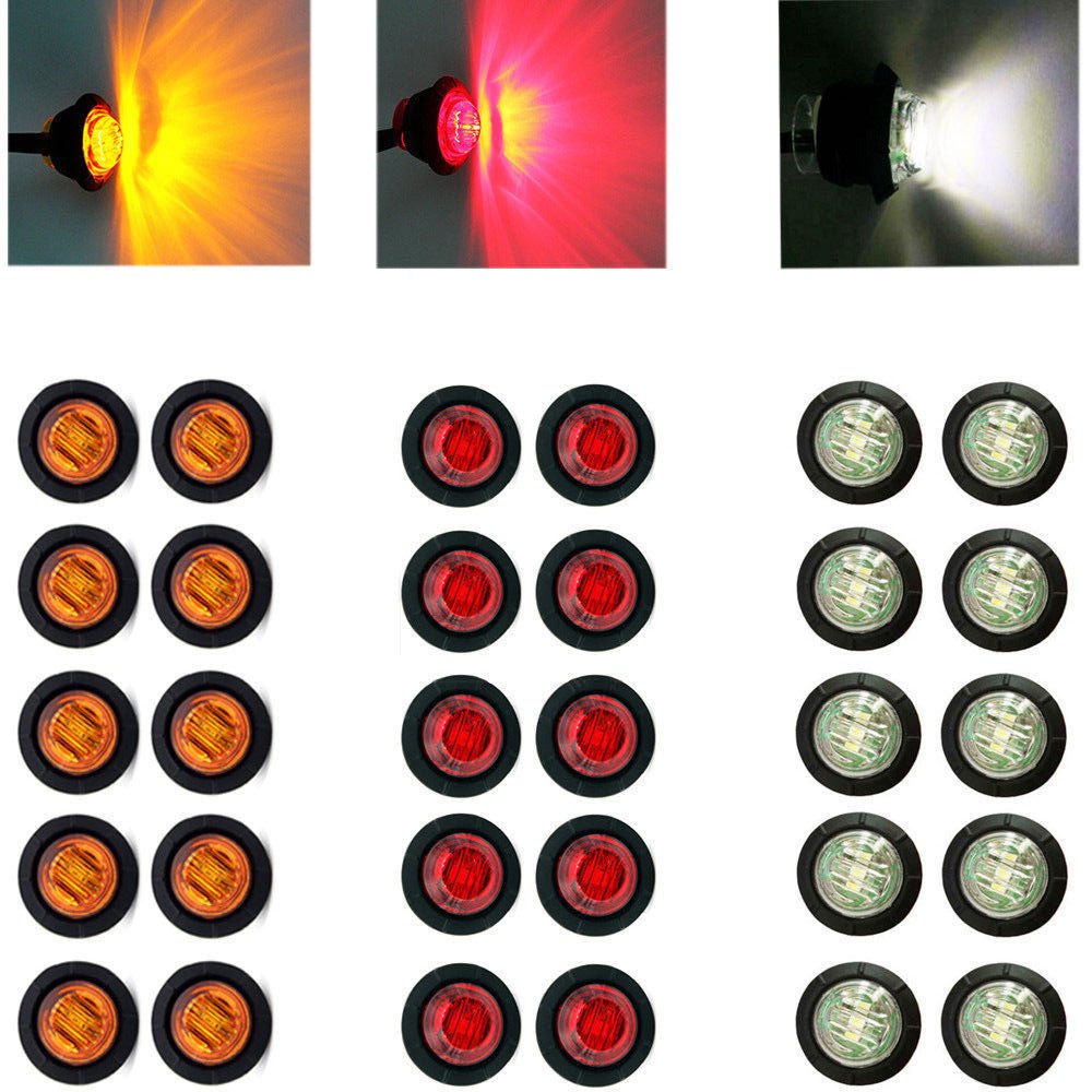 Ricoy - Luz LED redonda de 3/4 pulgadas para marcador delantero y trasero, impermeable, 12 V, para coche o camión (10 Blanco + 10 Amarillo +10 rojo)