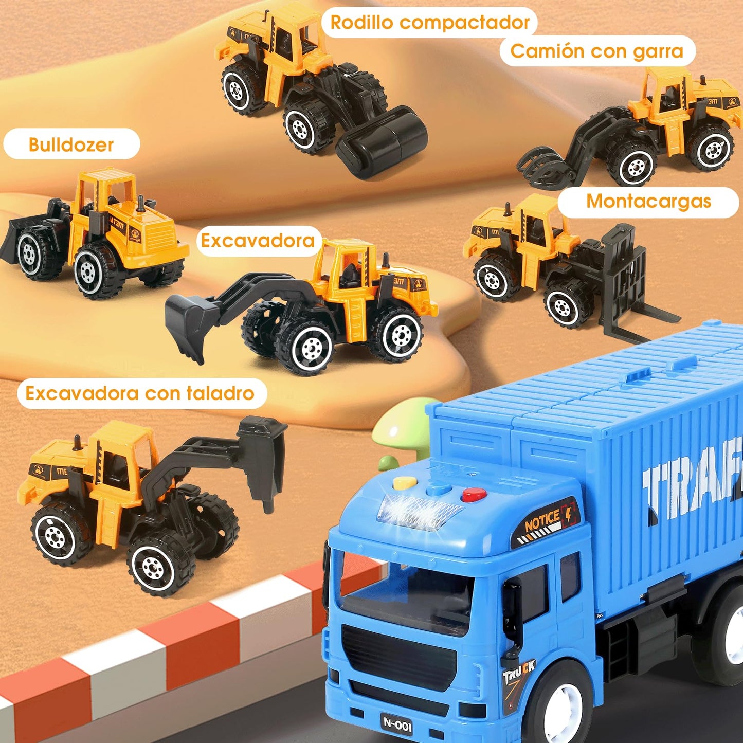 MOONTOY Construcción Camión Vehículos de Juguete con Luces y Sonidos Camión de Juguete con Eyección Pista Grúa de Juguete Grande Excavadora Juguete Cumpleaño Regalo para 3 4 5 6 7 8+ Años