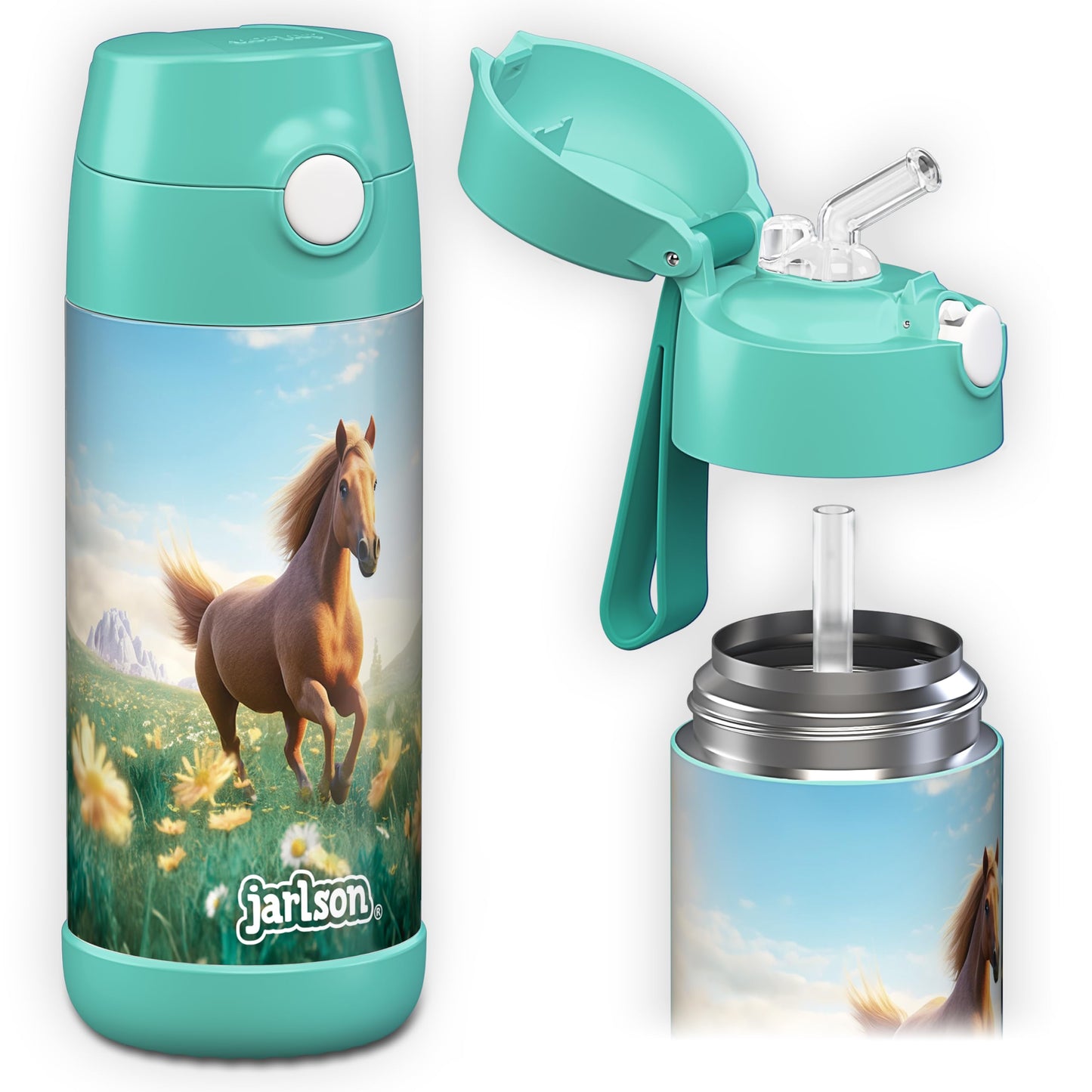 Jarlson®, Botella térmica de acero inoxidable, para niños, libre de BPA, botella para bebidas con pajilla, termo de 500 ml (Camión de bomberos rojo, 500 ml)