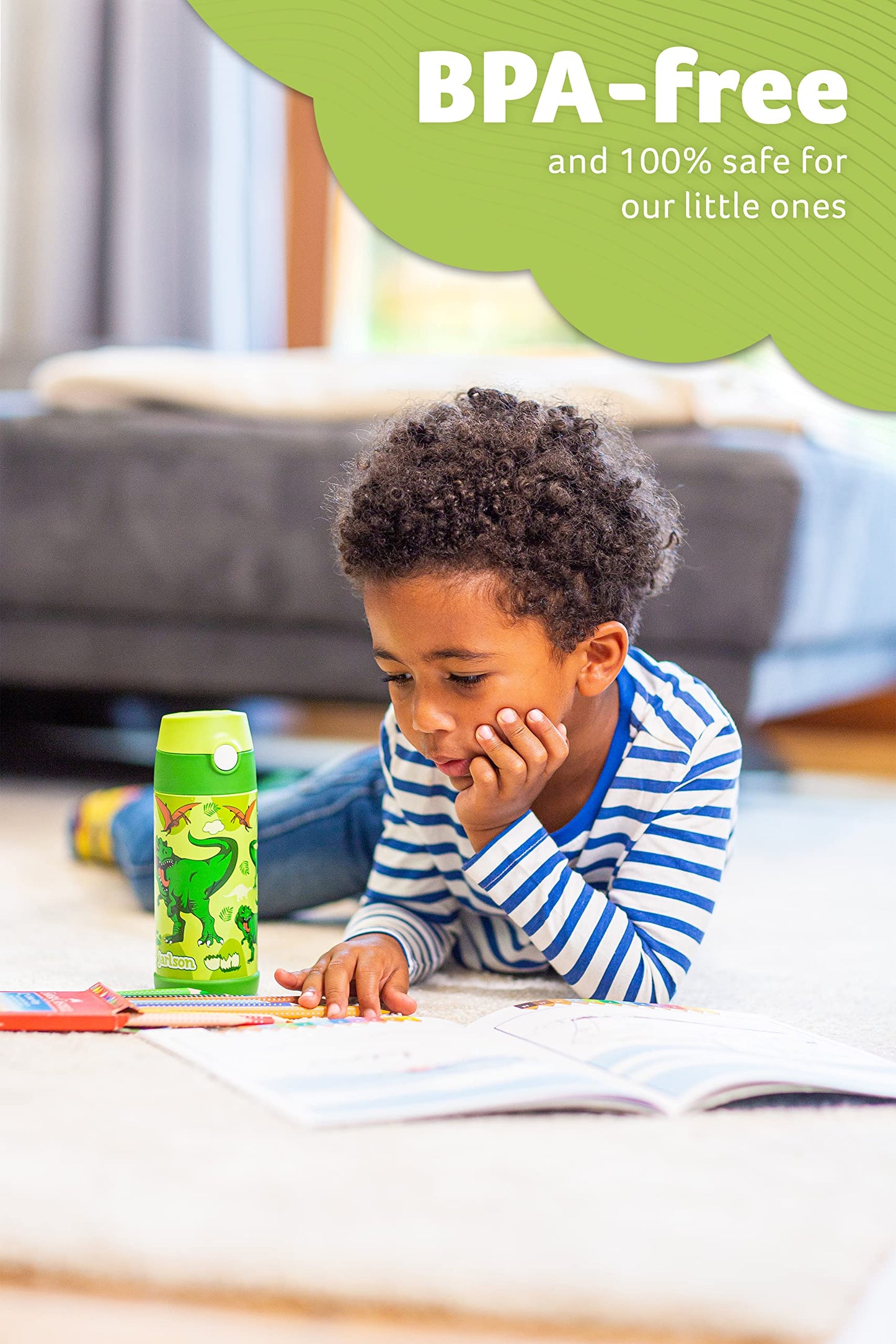 Jarlson®, Botella térmica de acero inoxidable, para niños, libre de BPA, botella para bebidas con pajilla, termo de 500 ml (Camión de bomberos rojo, 500 ml)