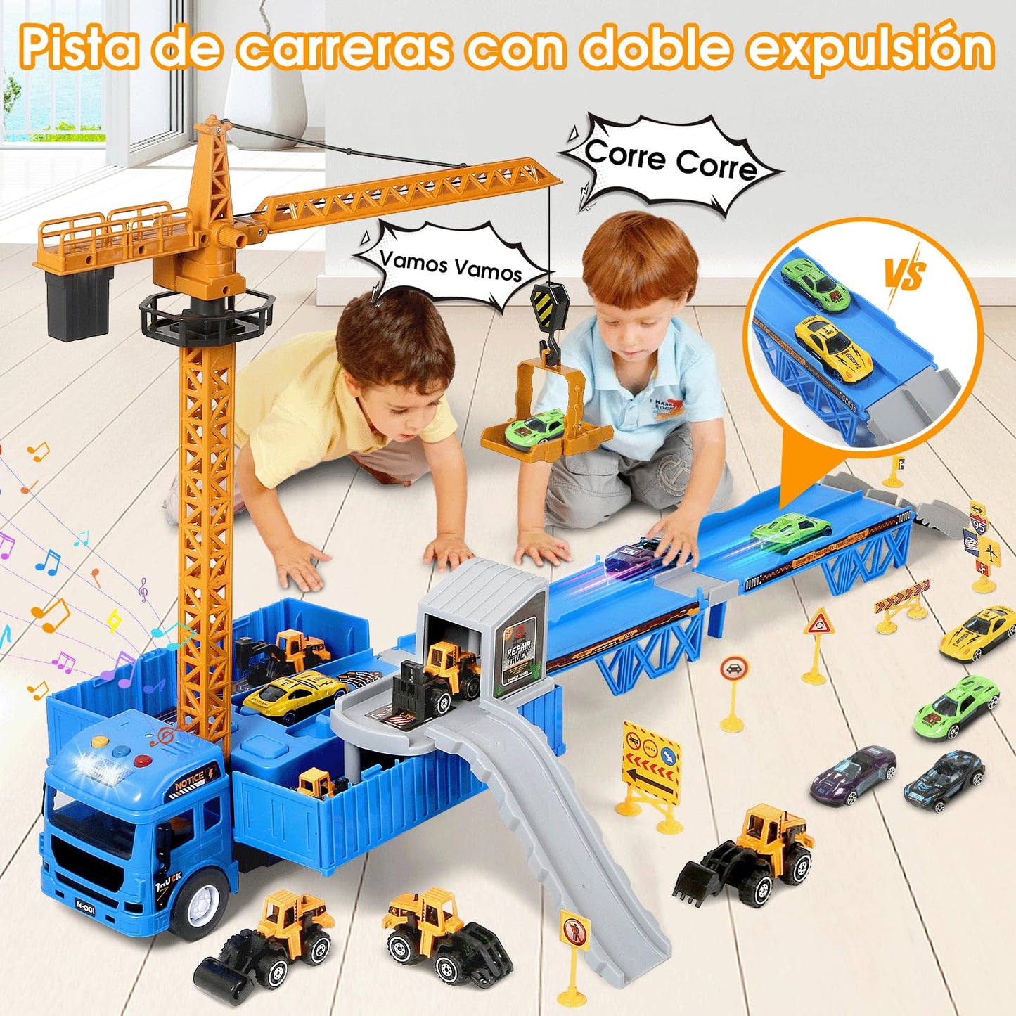 MOONTOY Construcción Camión Vehículos de Juguete con Luces y Sonidos Camión de Juguete con Eyección Pista Grúa de Juguete Grande Excavadora Juguete Cumpleaño Regalo para 3 4 5 6 7 8+ Años