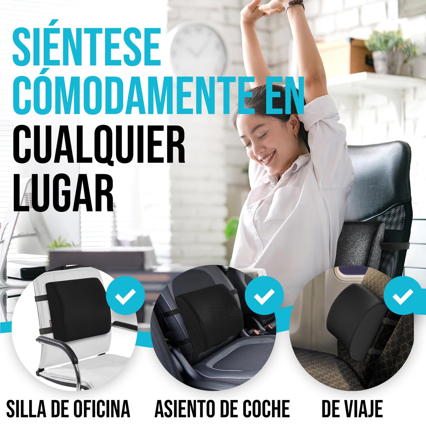 FORTEM Cojín Lumbar Ergonómico para Silla de Oficina, Coche y Gaming, con Espuma Viscoelástica de Alta Densidad y Funda Lavable, Respaldo Ortopédico para Mayor Comodidad