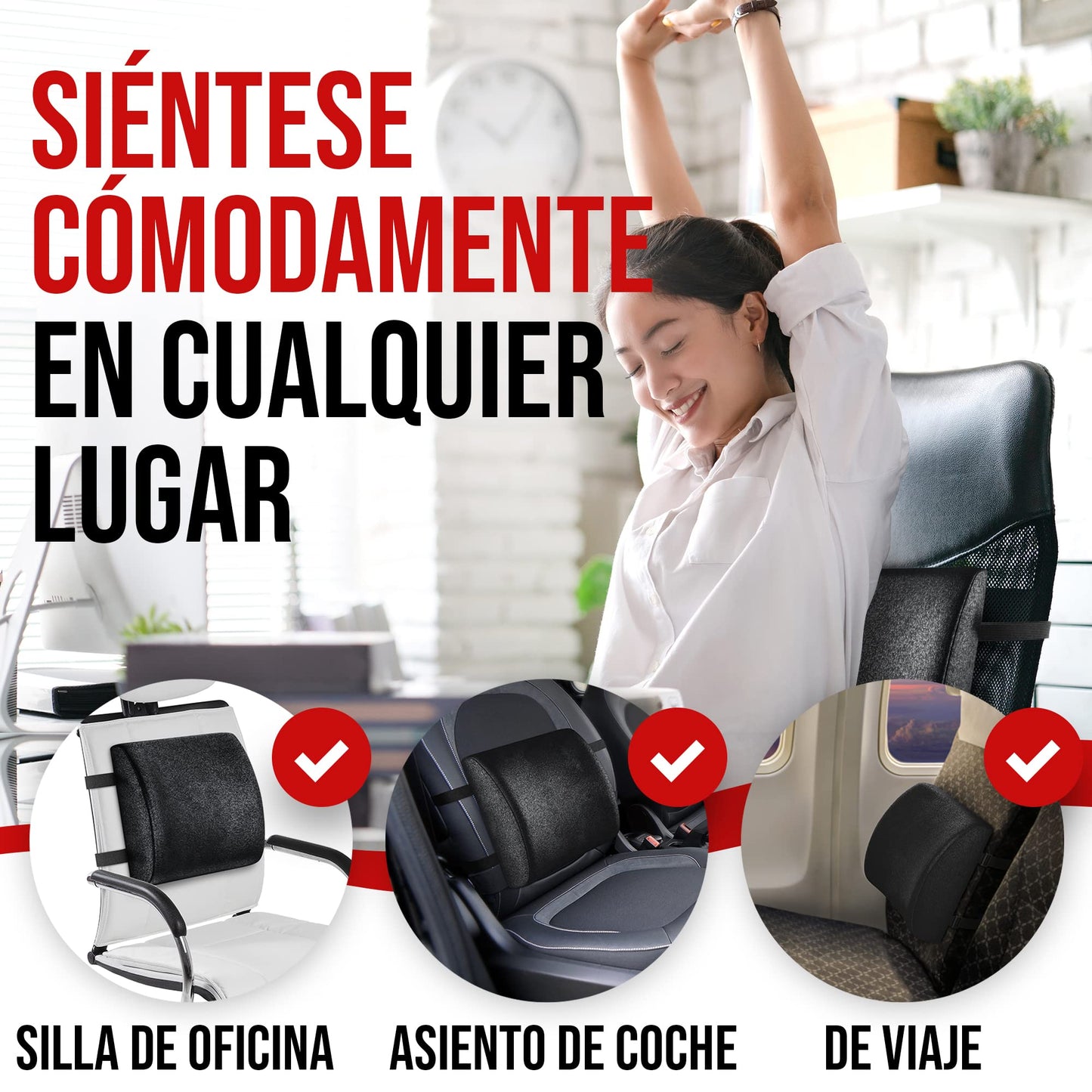 FORTEM Cojín Lumbar Ergonómico para Silla de Oficina, Coche y Gaming, con Espuma Viscoelástica de Alta Densidad y Funda Lavable, Respaldo Ortopédico para Mayor Comodidad