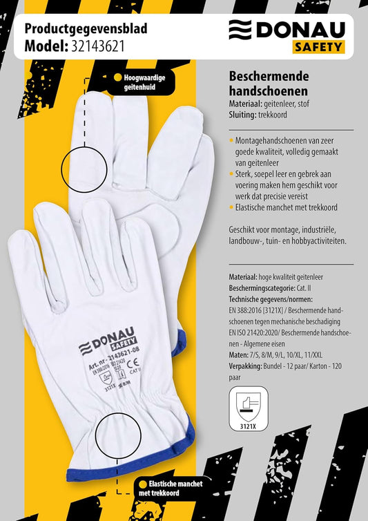 DONAU SAFETY Guantes de trabajo premium de piel de cabra / 1 par/talla 11/XXL/blanco/guantes de piel con muñeca elástica, guantes de montaje, guantes de seguridad para conductor, guantes de seguridad