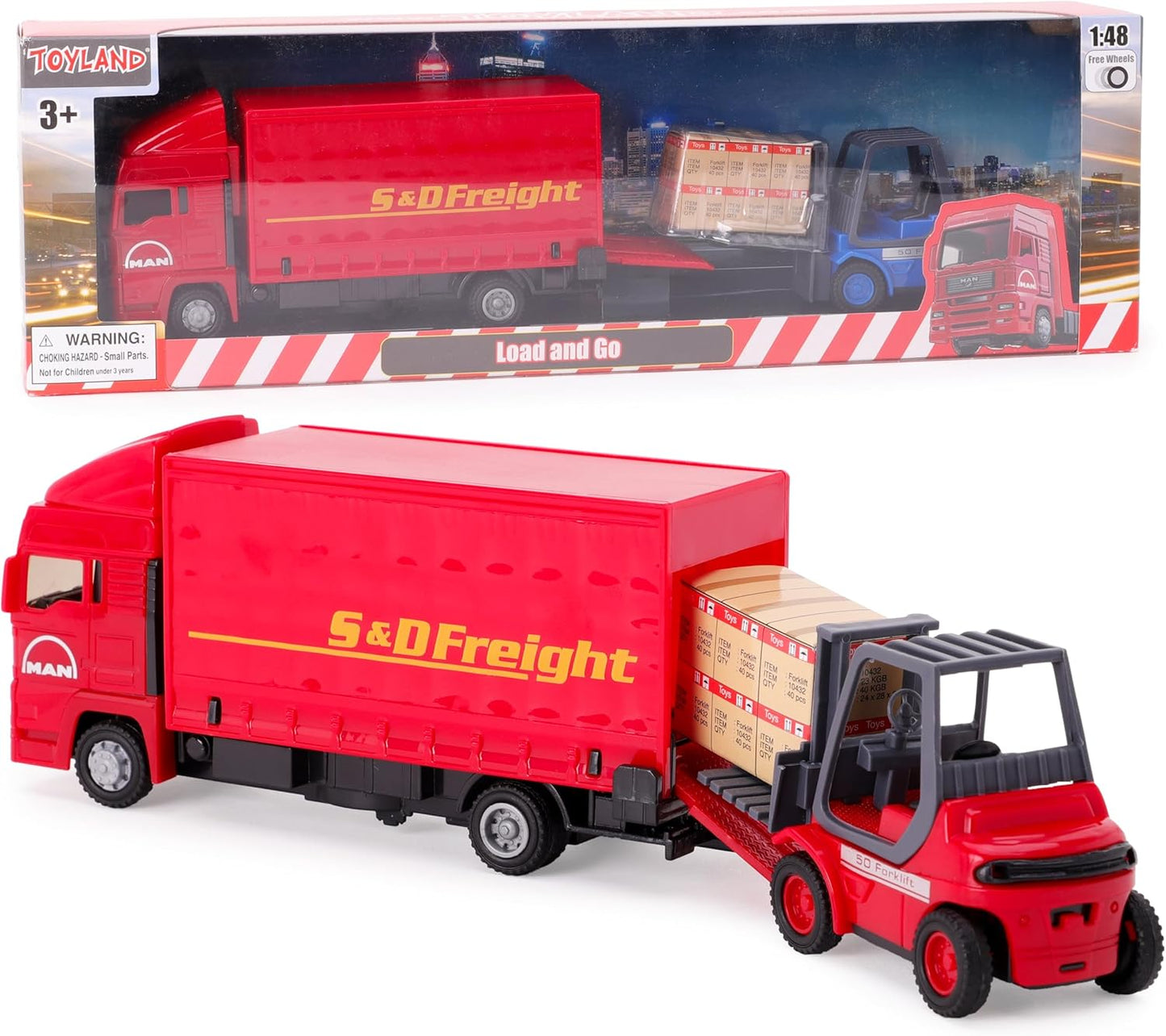 Toyland® - Juego de vehículos Load and Go - Camión de Carga Scania con Carretilla elevadora y Paleta - Juguetes para vehículos de Transporte - Juguetes para niños (Rojo)