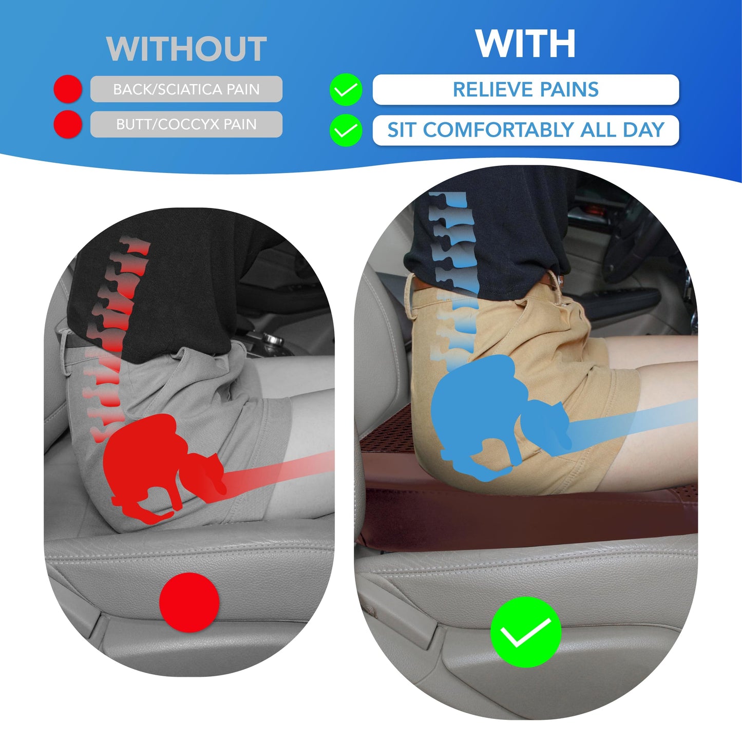 Cojín de asiento de coche: cómodo cojín de espuma viscoelástica para conducir, para aliviar el dolor de ciática, tahone, cojín de asiento para coche, camión, oficina, silla de ruedas, cuero y malla 4D