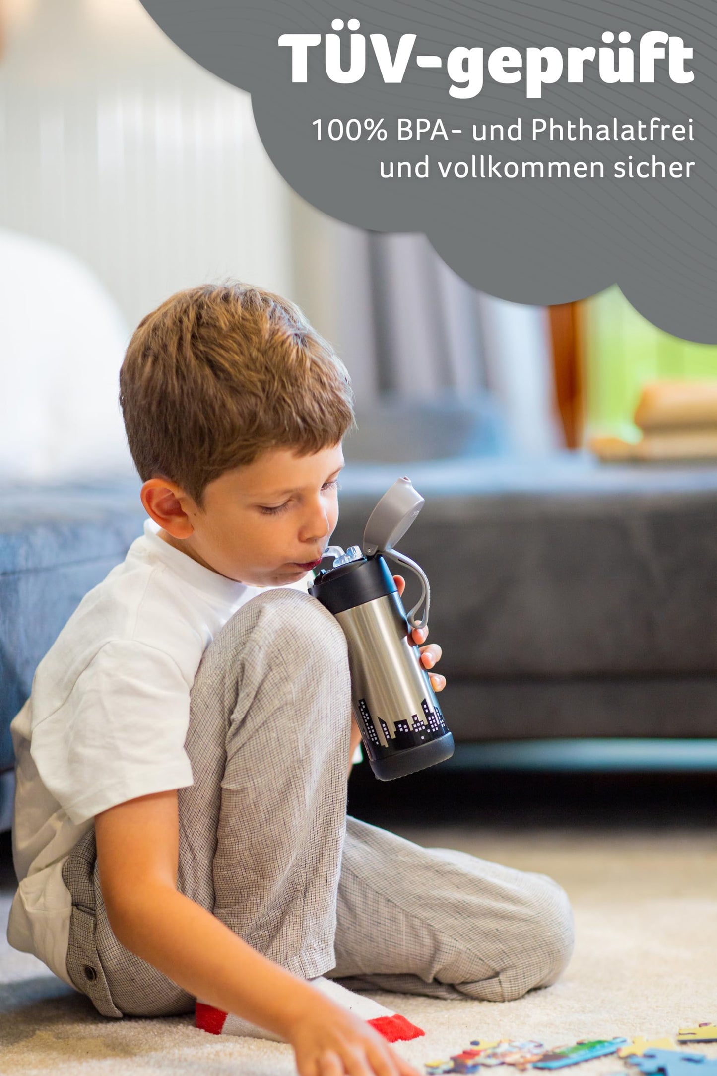 Jarlson®, Botella térmica de acero inoxidable, para niños, libre de BPA, botella para bebidas con pajilla, termo de 500 ml (Camión de bomberos rojo, 500 ml)