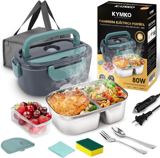 KYMKO Fiambrera Eléctrica Coche y Camión 12V/24V/220V, 1.5L, Acero Inoxidable, Tartera Térmica para Calentar Comida Trabajo, Viajes y Oficina, Incluye Cubiertos, Bolsa de Transporte, Esponja y Toalla