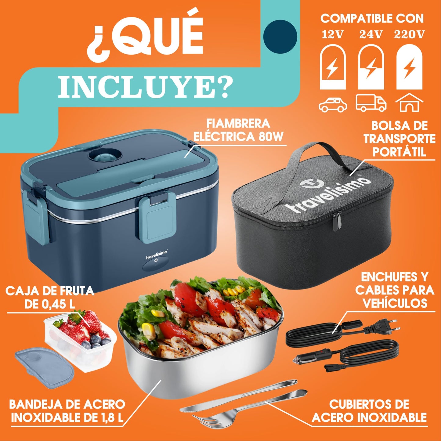 TRAVELISIMO - Fiambrera Electrica Extra Grande 1,8L - Taper Electrico para Comida 80W - Fiambrera Termica 3 en 1 12V/24V/220V - Fiambreras Comida Trabajo para Coche, Camión - Acero Inoxidable