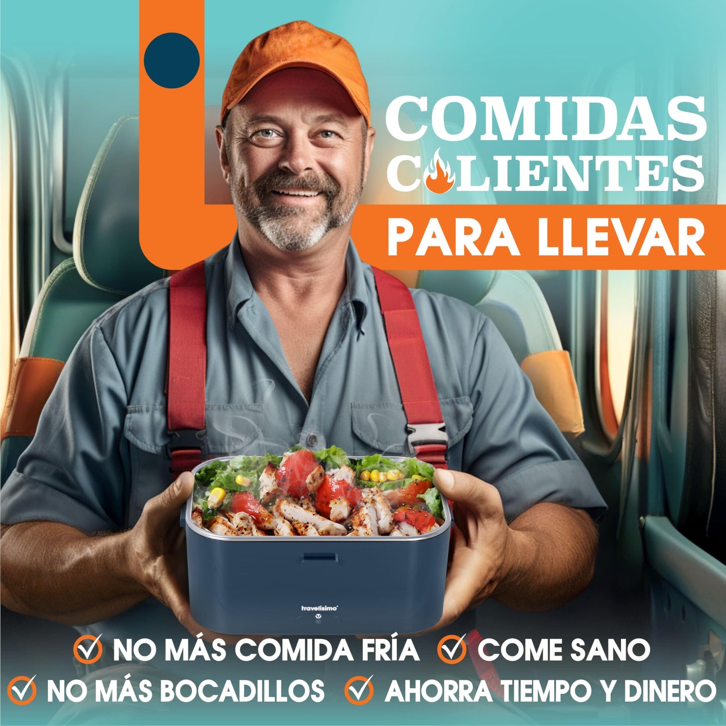 TRAVELISIMO - Fiambrera Electrica Extra Grande 1,8L - Taper Electrico para Comida 80W - Fiambrera Termica 3 en 1 12V/24V/220V - Fiambreras Comida Trabajo para Coche, Camión - Acero Inoxidable