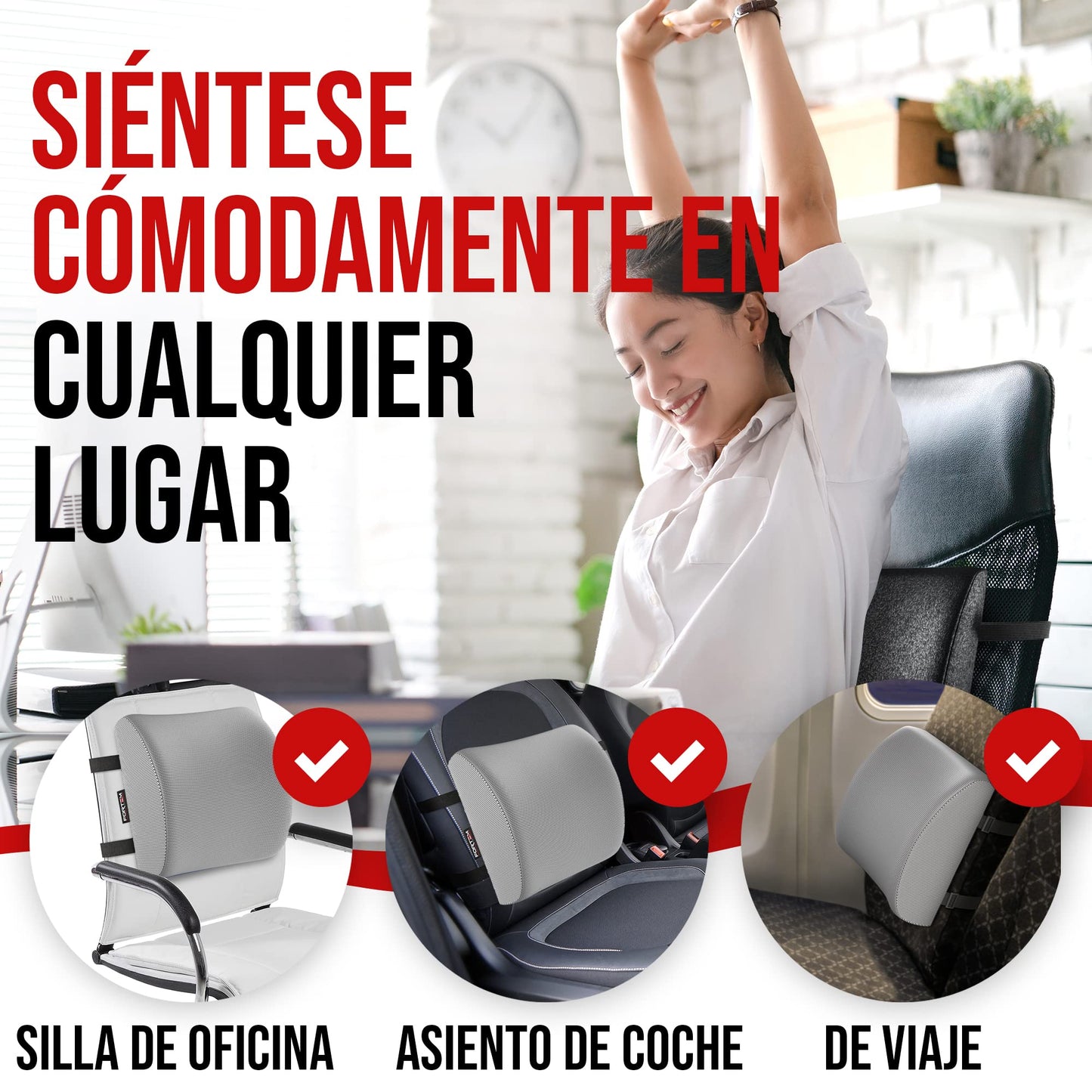FORTEM Cojín Lumbar Ergonómico para Silla de Oficina, Coche y Gaming, con Espuma Viscoelástica de Alta Densidad y Funda Lavable, Respaldo Ortopédico para Mayor Comodidad