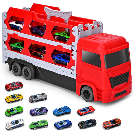 Xoolkly Camiones de Juguete Eyección Pista de Carreras Camión Juguetes Portátil Camión de Transporte Juguetes Niños 3 Años con 12 Mini Vehículos Coches Juguete para Niños 3 4 5 Años, Roja