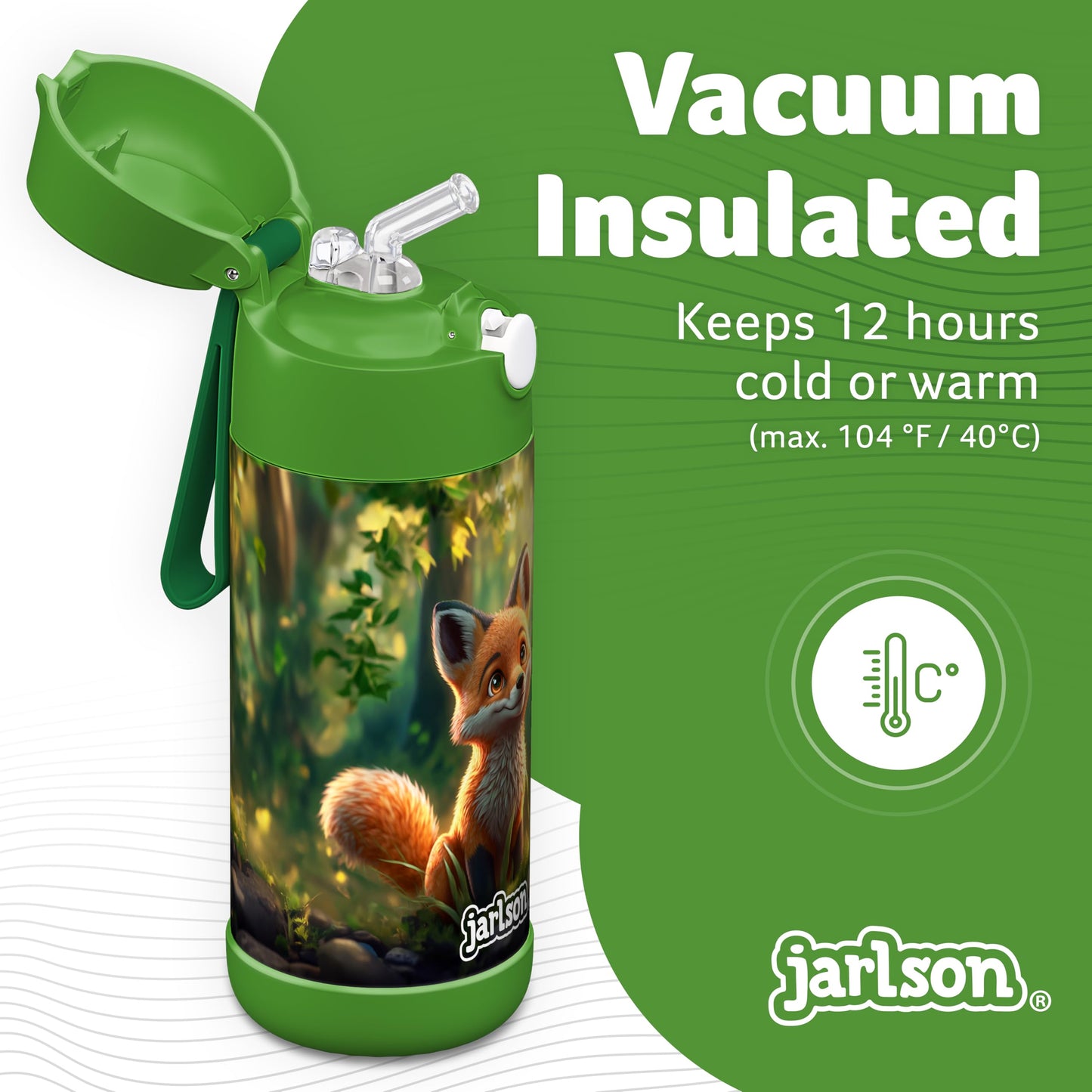 Jarlson®, Botella térmica de acero inoxidable, para niños, libre de BPA, botella para bebidas con pajilla, termo de 500 ml (Camión de bomberos rojo, 500 ml)