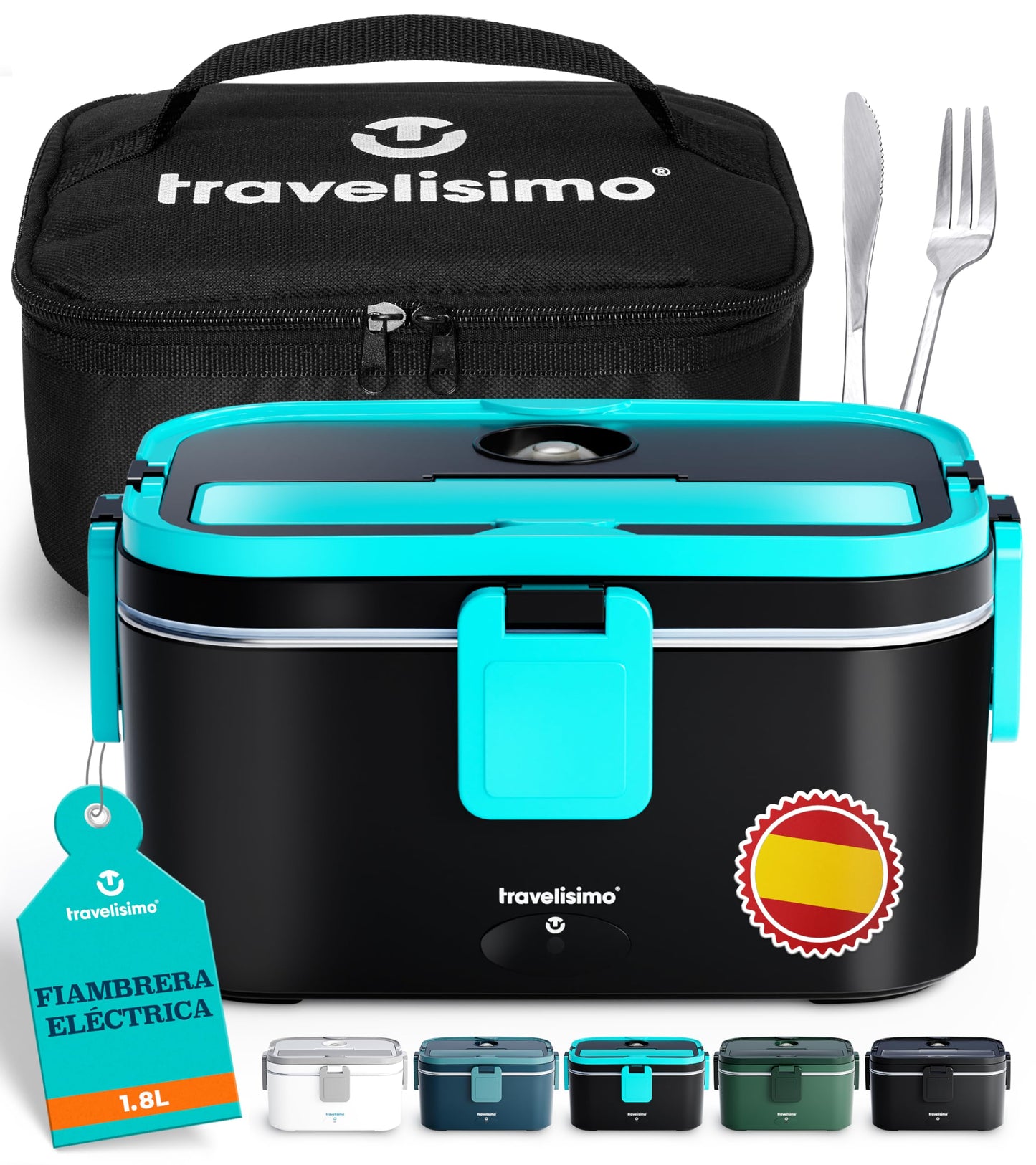 TRAVELISIMO - Fiambrera Electrica Extra Grande 1,8L - Taper Electrico para Comida 80W - Fiambrera Termica 3 en 1 12V/24V/220V - Fiambreras Comida Trabajo para Coche, Camión - Acero Inoxidable