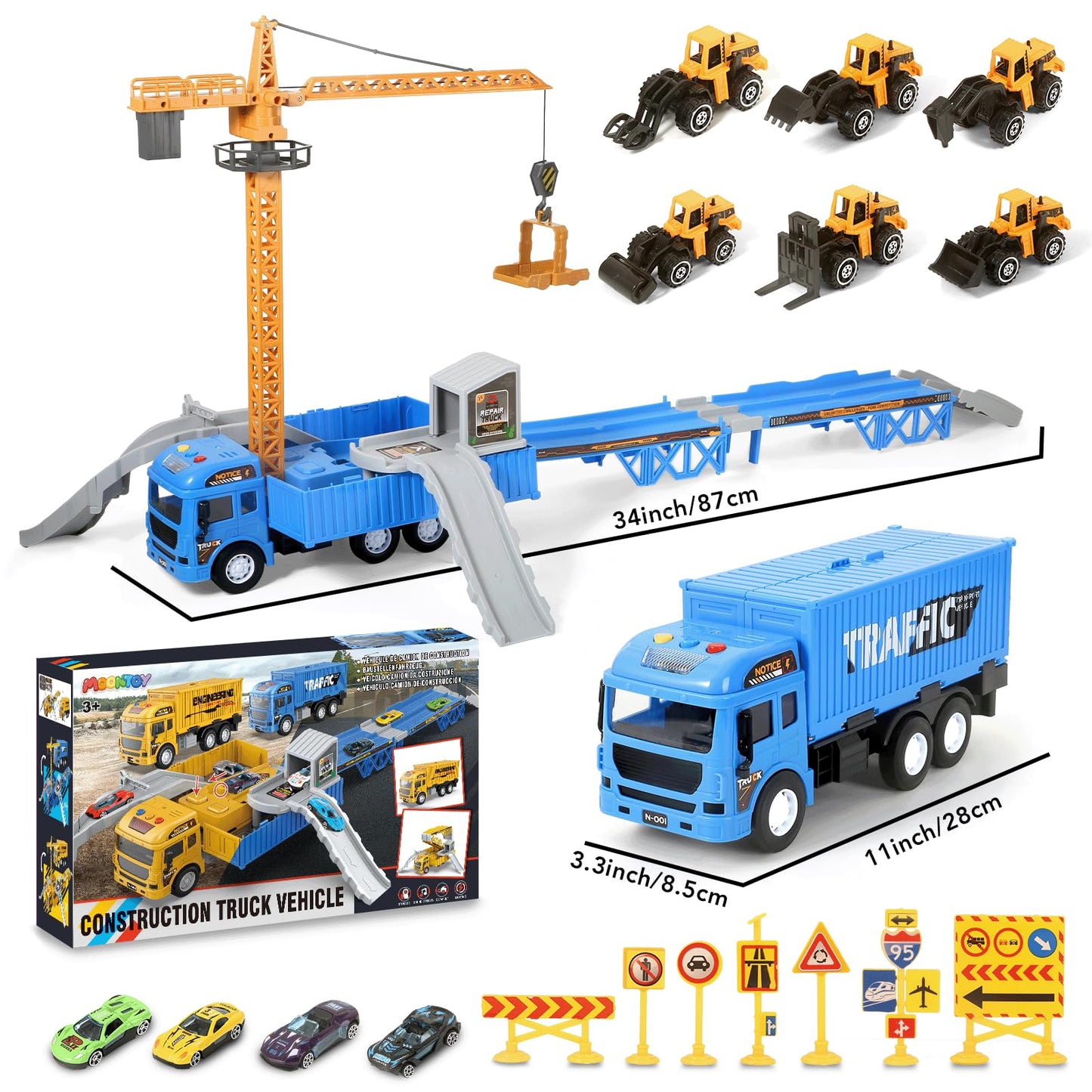 MOONTOY Construcción Camión Vehículos de Juguete con Luces y Sonidos Camión de Juguete con Eyección Pista Grúa de Juguete Grande Excavadora Juguete Cumpleaño Regalo para 3 4 5 6 7 8+ Años