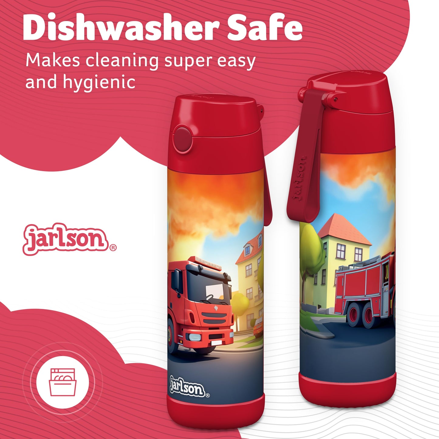 Jarlson®, Botella térmica de acero inoxidable, para niños, libre de BPA, botella para bebidas con pajilla, termo de 500 ml (Camión de bomberos rojo, 500 ml)