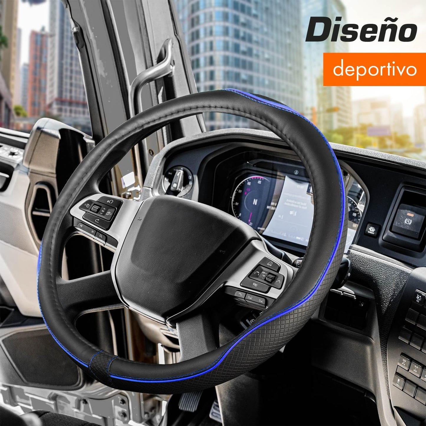 Upgrade4cars Funda Volante Coche Azul Negro Universal Poli-Piel | Cubre 37-38 cm Diámetro Exterior | Accesorios Coches Interior Decoracion Cubierta | Ideas Regalos